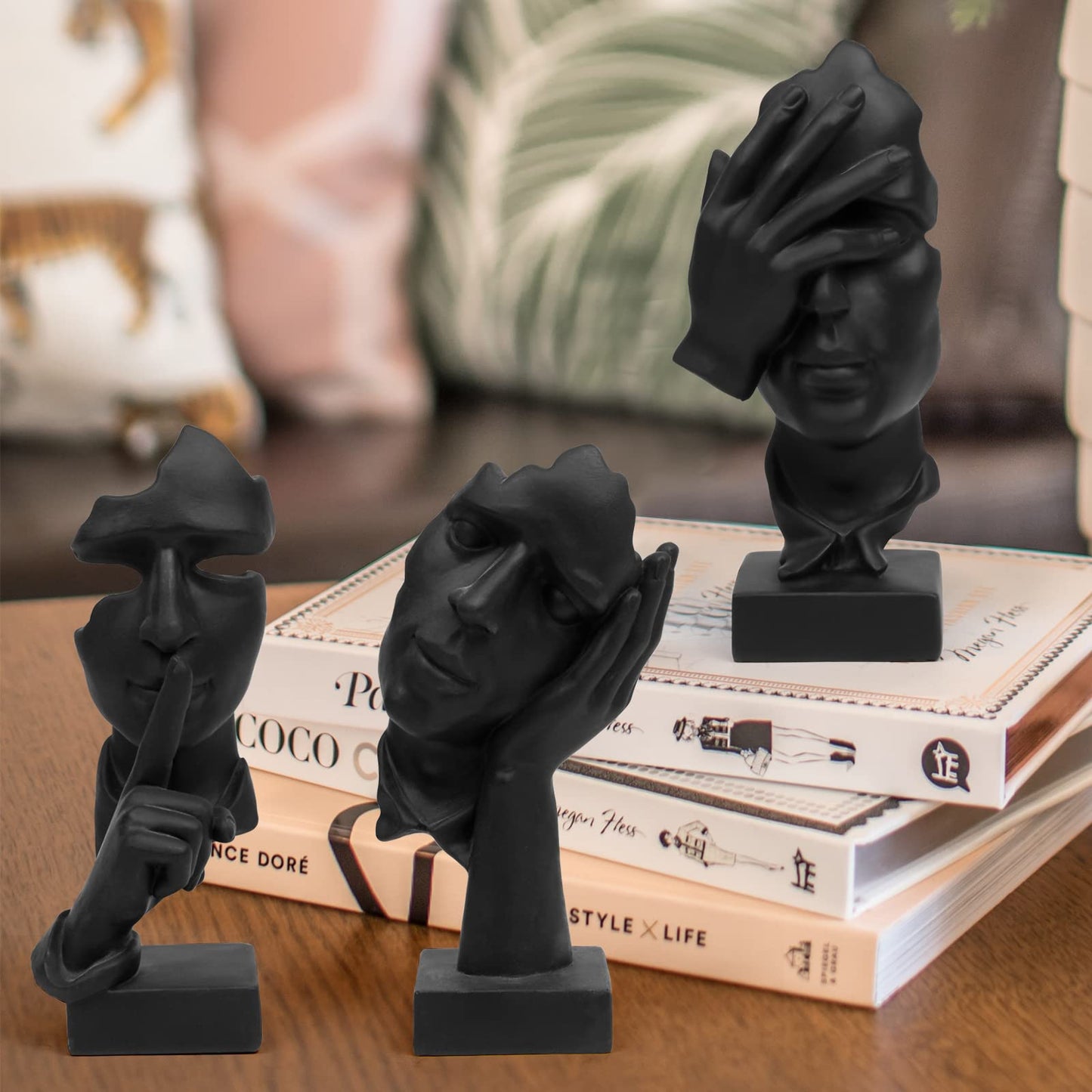 3 Pcs Thinker Statue, Silence is Gold Abstract Art Figurine, No Hear No See No Speak Modern Home Resin Sculptures Decorative Objects
