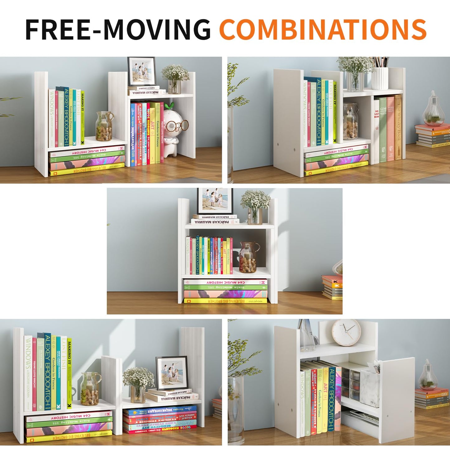 YSJILIDE Wood Adjustable Small Desktop Bookshelf, Expandable Storage Organizer