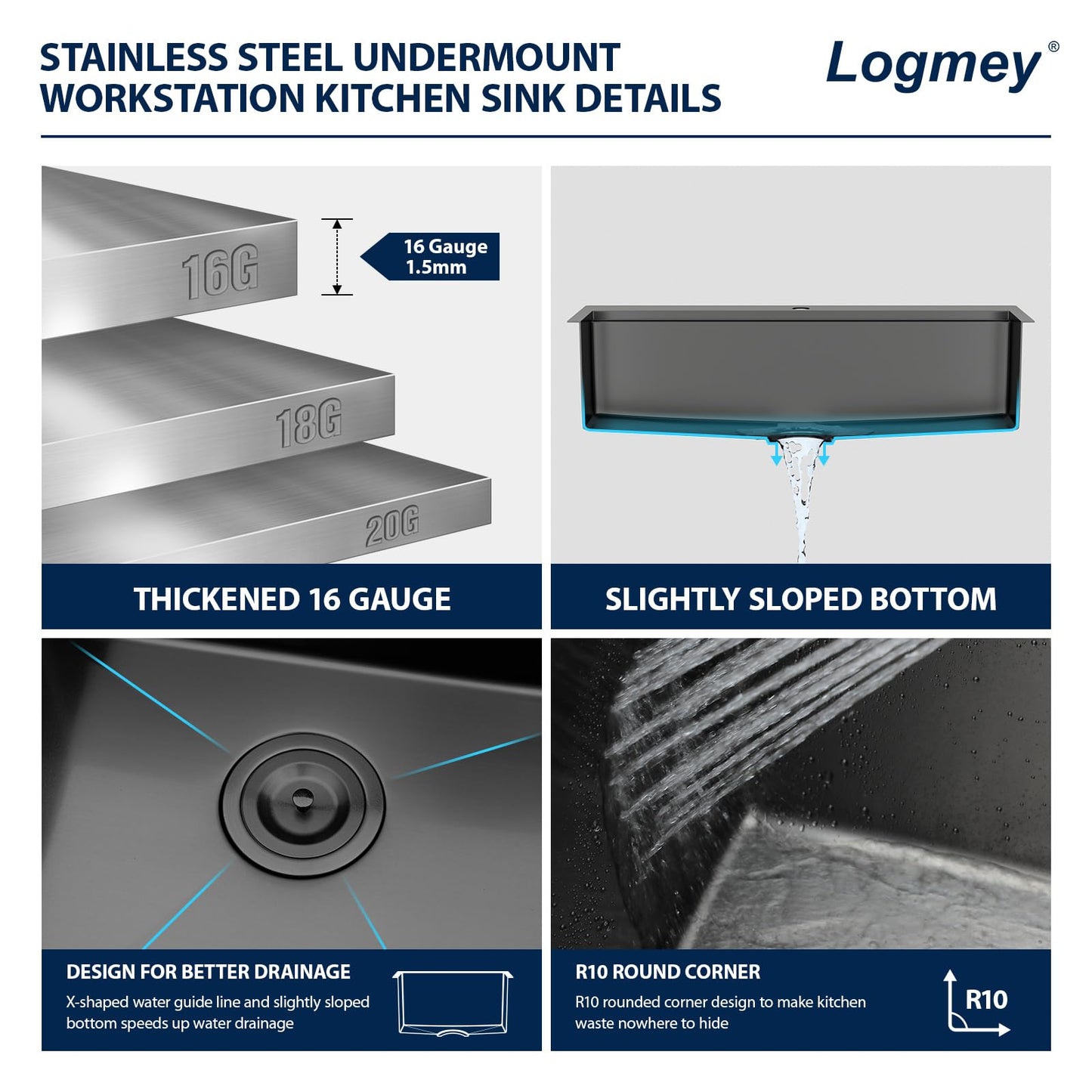 Logmey 33x22 Drop In Kitchen Sink Workstation Black Kitchen Sink SUS304 16 Gauge Stainless Steel Single Bowl Top Mount Gunmetal Black Stainless Steel Sinks
