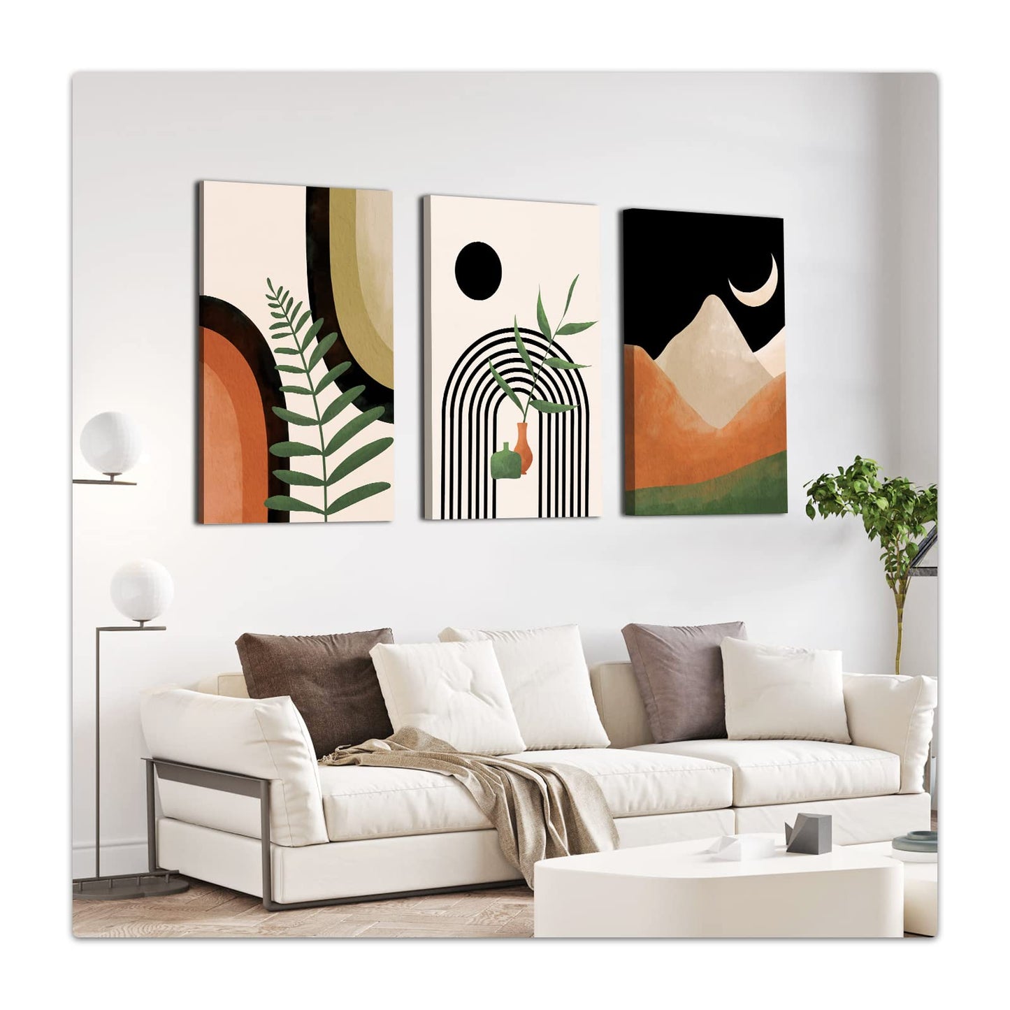 Gisipameis Framed Boho Wall Art Set of 3, Mid Century Modern Decor, Minimalist Black Beige Botanical Bathroom Wall Art 12" x 16" Canvas Prints Ready To Hang for Bedroom Living Room