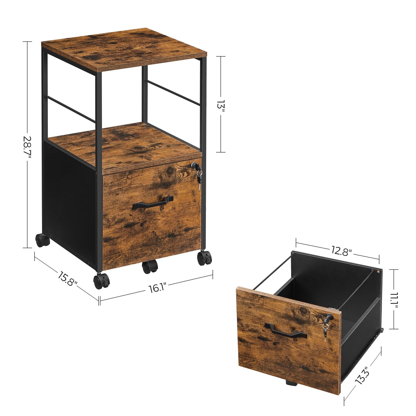 VASAGLE 3-Drawer Vertical File Cabinet, Rustic Brown and Black, for Home Office and Bedroom, A4 and Letter-Size Files, Lockable Drawers