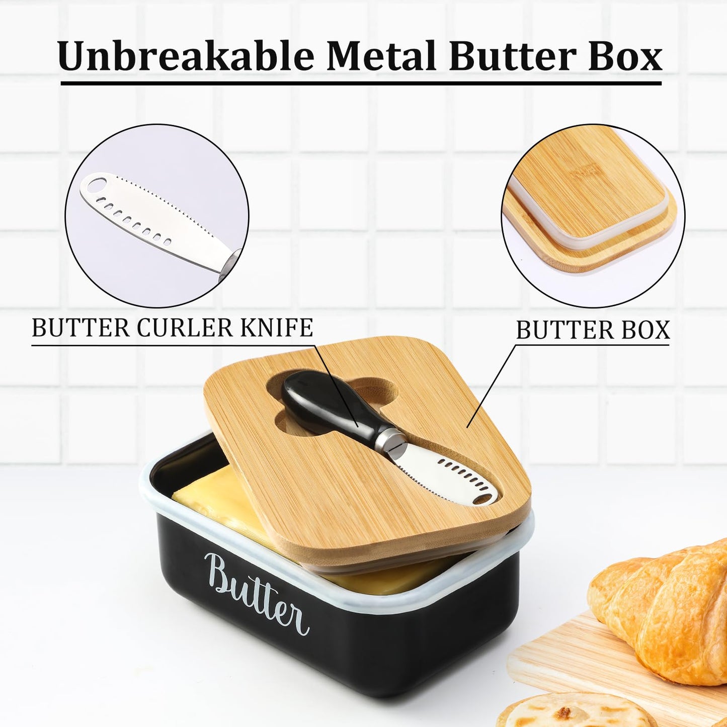 Butter Dish with Lid and Butter Curler Knife - Unbreakable Stainless Steel Keeper Container with Double Silicone Sealing, for Kitchen Farmhouse Decor
