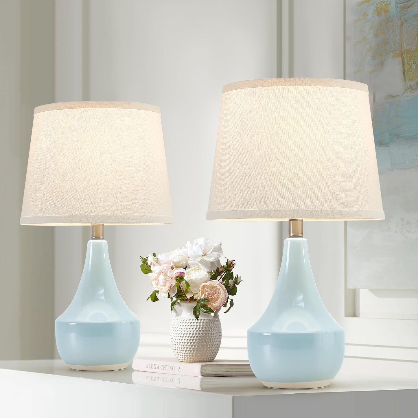 GyroVu Table Lamp Set of 2, 18.63” Ceramic Table Lamp Classic Beside Lamps Nightstand Lamp Modern Lamp for Living Room, Bedroom & Office Rocker Swtich Sage Green-LED Bulbs Included