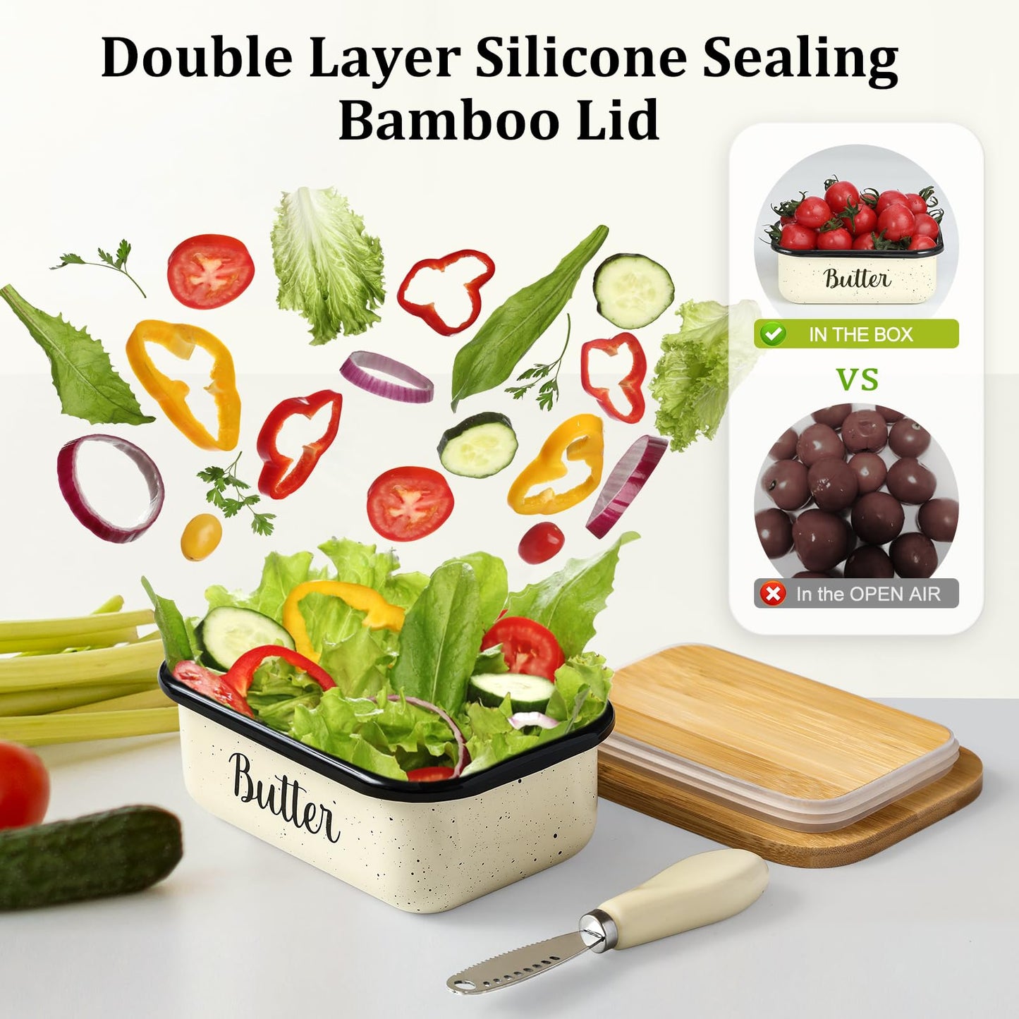 Butter Dish with Lid and Butter Curler Knife - Unbreakable Stainless Steel Keeper Container with Double Silicone Sealing, for Kitchen Farmhouse Decor