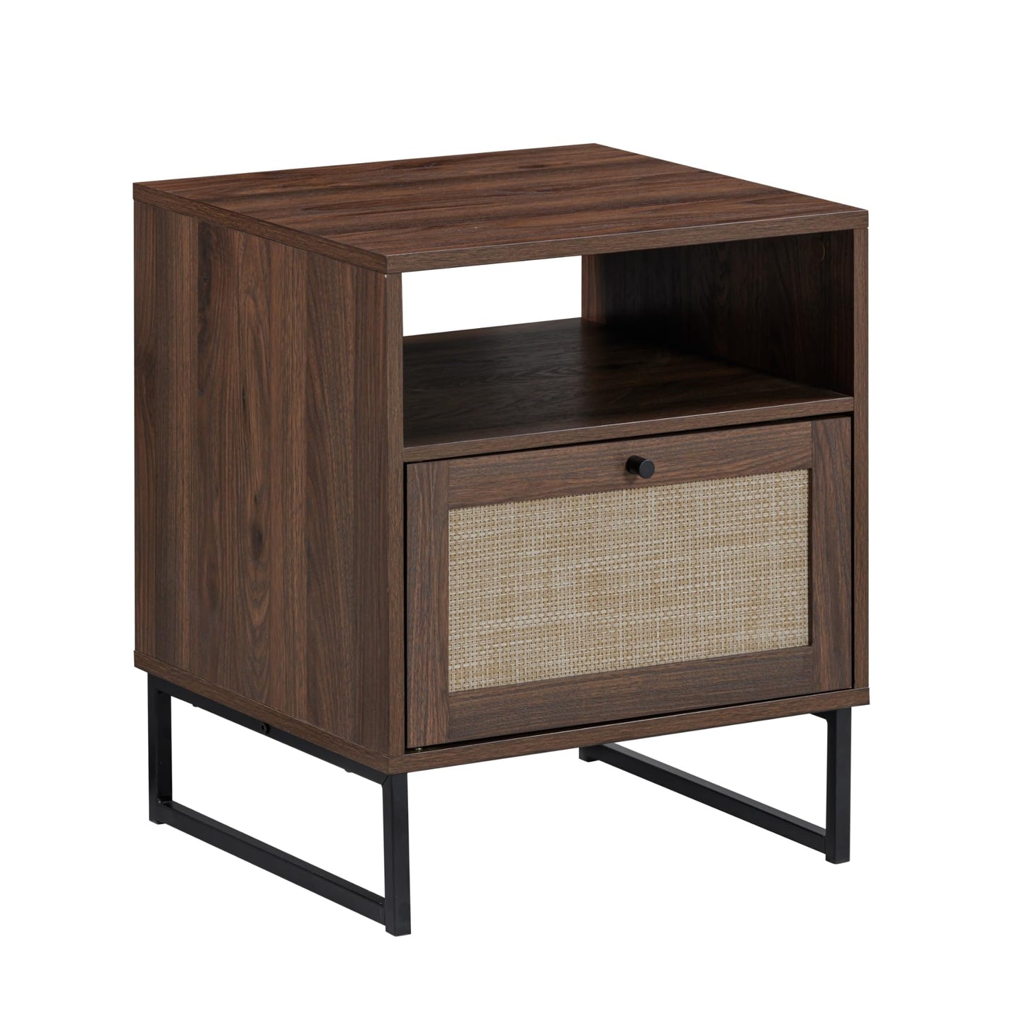 Nathan James Mina Rattan Wood End Side Accent Table Nightstand with Storage for Living Room or Bedroom, 1, Oak/Black