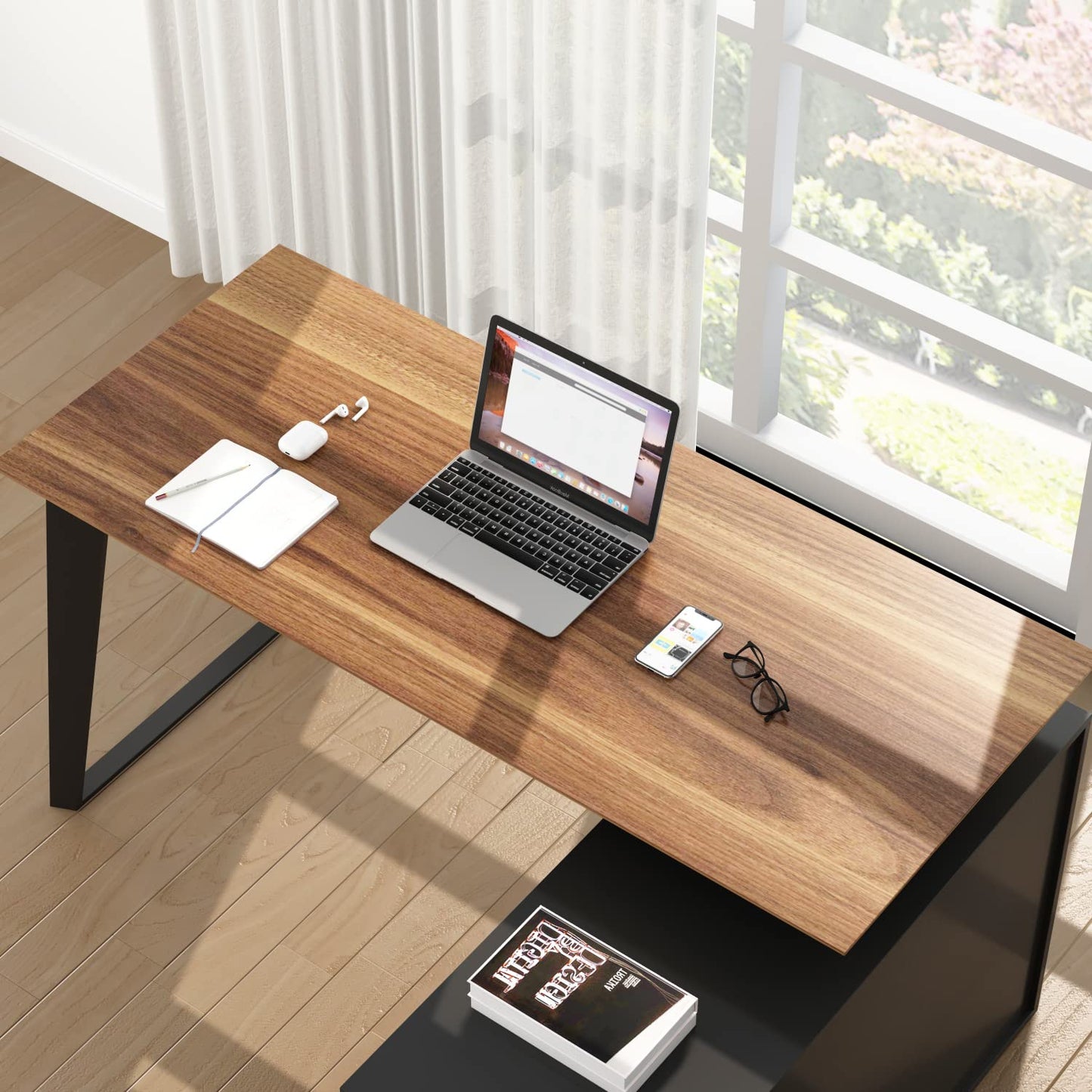 Homsee Home Office Computer Desk Corner Desk with 3 Drawers, 2 Shelves & 2 Doors, 55 Inch Large L-Shaped Study Writing Table with Storage Cabinet, Black & Brown