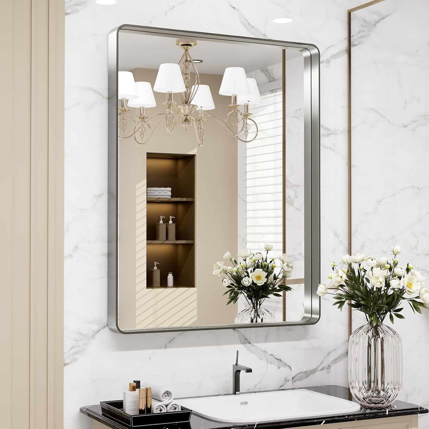 LOAAO Black Metal Framed Bathroom Mirror for Wall, 24X36 Inch Rounded Rectangle Mirror, Matte Black Bathroom Vanity Mirror Farmhouse, Anti-Rust, Hangs Horizontally or Vertically