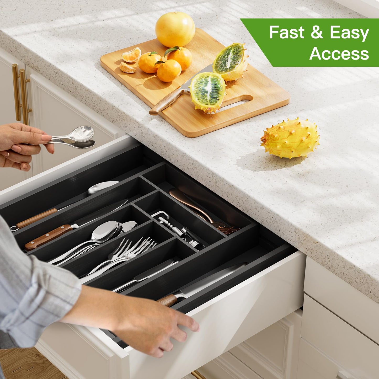 Pipishell Bamboo Expandable Drawer Organizer for Utensils Holder, Adjustable Cutlery Tray, Wood Drawer Dividers Organizer for Silverware, Flatware, Knives in Kitchen, Bedroom, Living Room