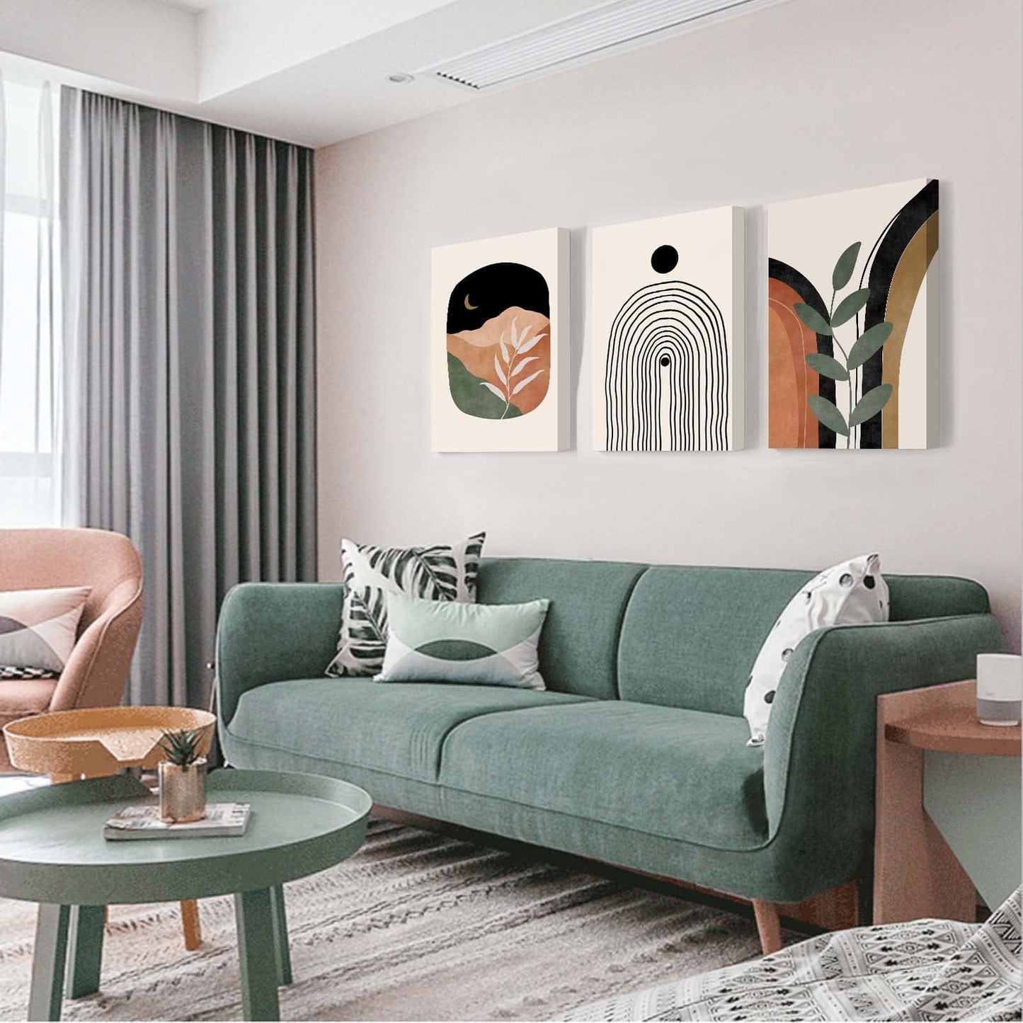 Sage Green Wall Posters & Prints, Green Boho Wall Art Set of 3, Minimalist Framed Wall Art Geometric Line Leaf Sun Moon Beige Green