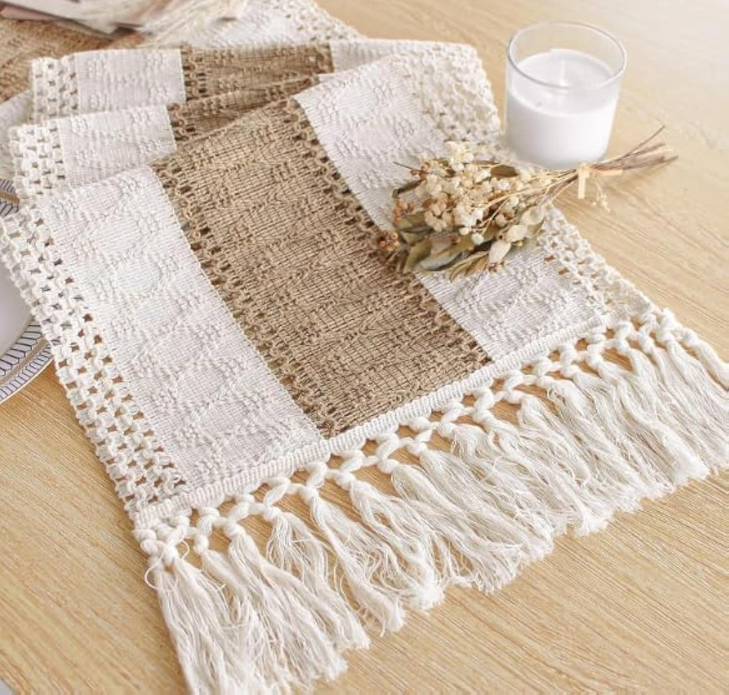 FEXIA Boho Table Runner for Fall Home Decor with Tassels 72 Inches Long Farmhouse Rustic Table Runner (12x72 Inches)