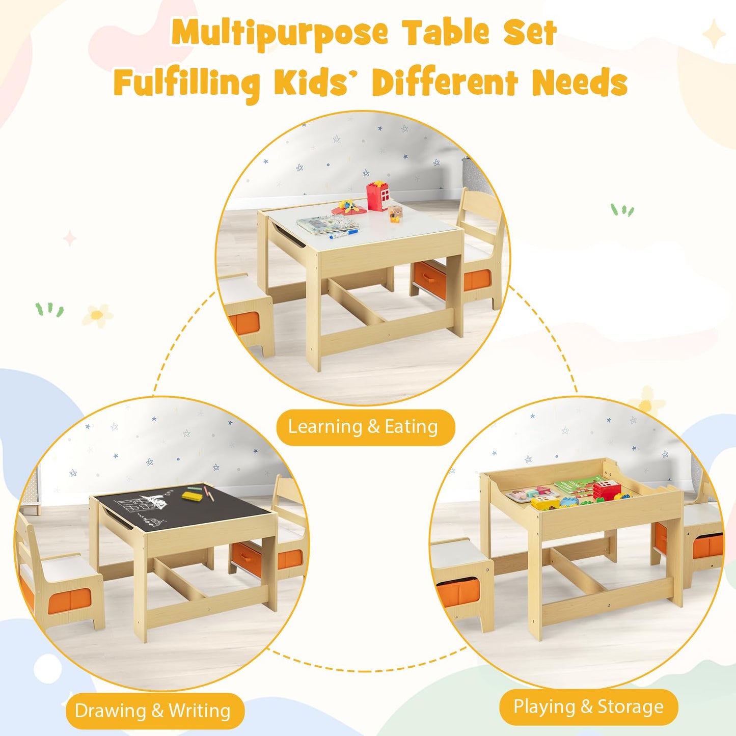 Costzon Kids Table and Chairs, 4 in 1 Wooden Activity Desk Set w/Reversible Tabletop, Bookshelves & Storage Drawers for Drawing, Reading, Crafts, Playing, Toddler Table and Chair Set
