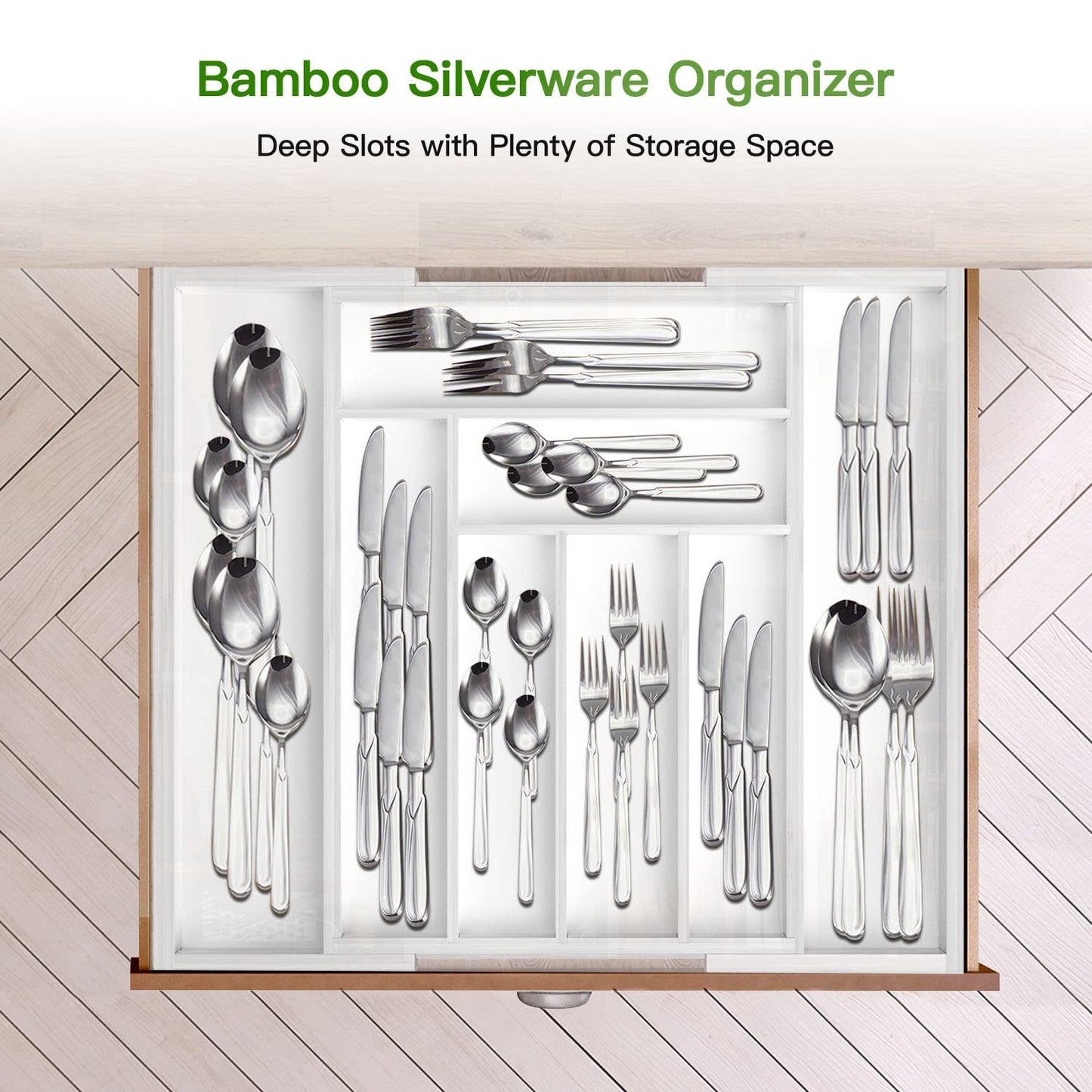 Pipishell Bamboo Expandable Drawer Organizer for Utensils Holder, Adjustable Cutlery Tray, Wood Drawer Dividers Organizer for Silverware, Flatware, Knives in Kitchen, Bedroom, Living Room