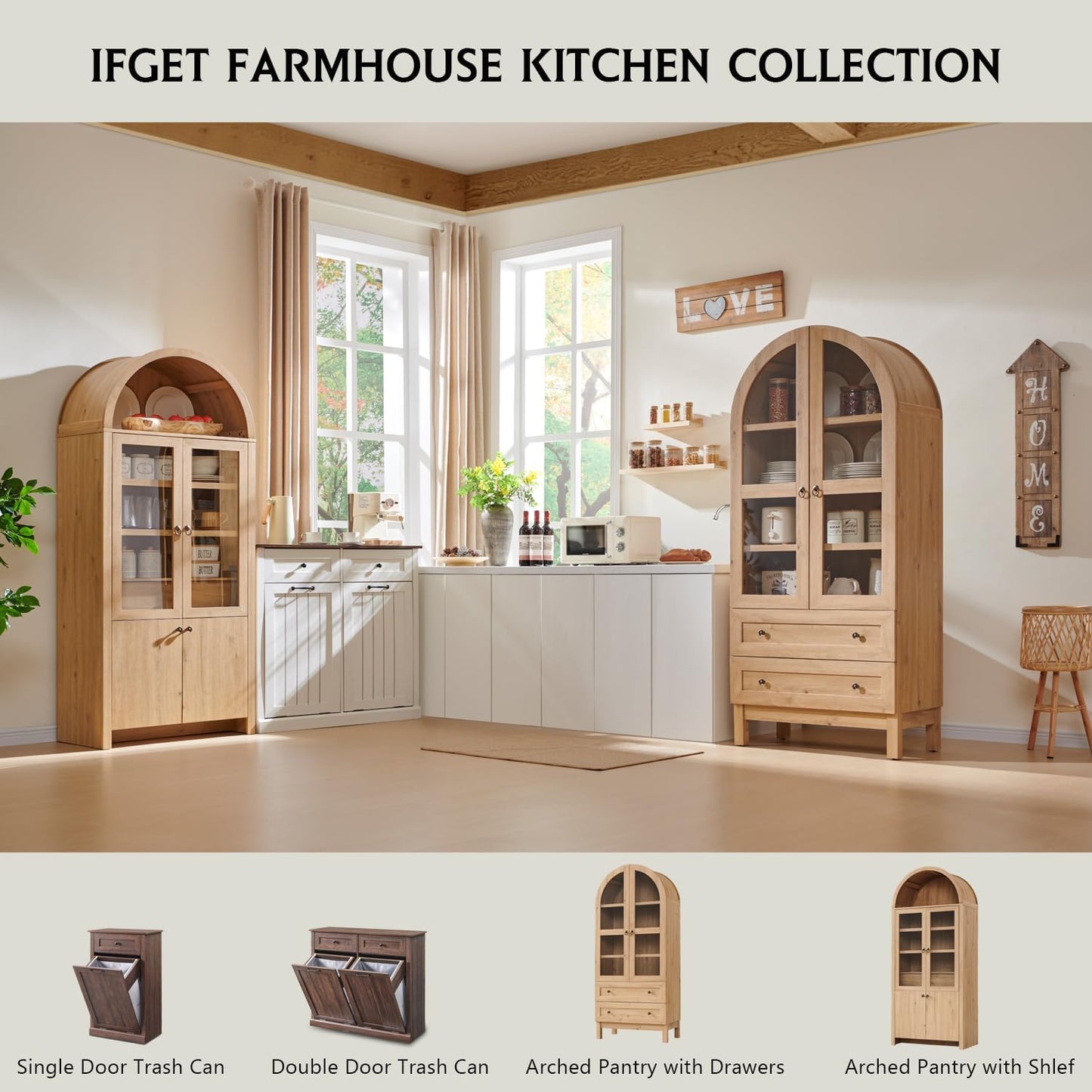 71" Tall Arched Kitchen Pantry, Modern Farmhouse Wood Kitchens Storage Cabinets with 2 Large Drawers and Adjustable Shelves