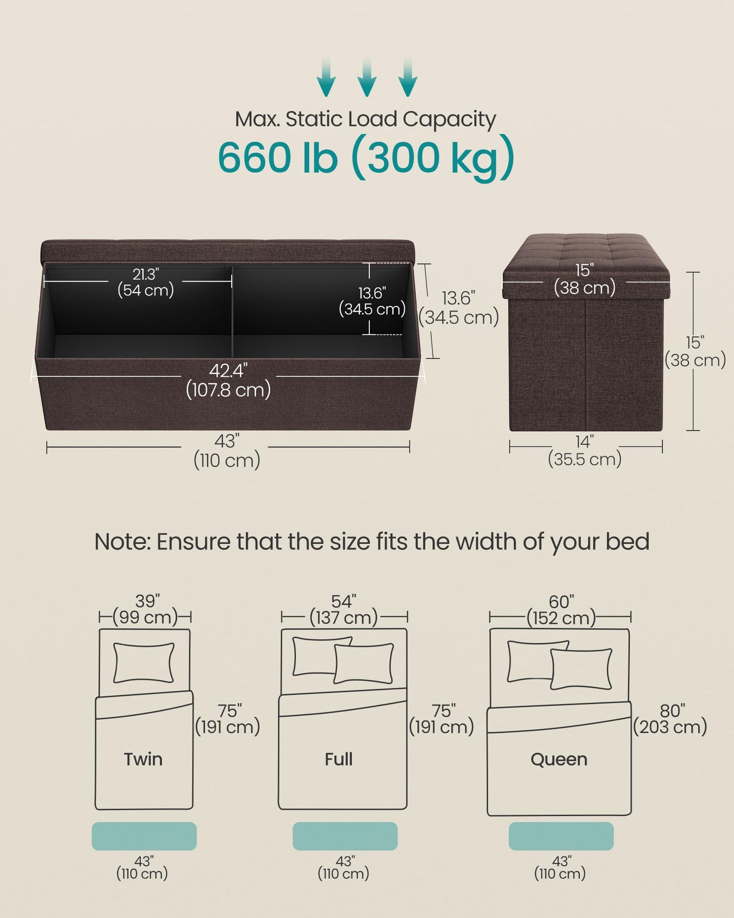 SONGMICS MAZIE Collection - 43 Inches Folding Storage Ottoman Bench, Ottoman Foot Rest, End of Bed Bench, Storage Chest, Load 660 lb, for Living Room, Bedroom, Entryway, Midnight Blue ULSF77IN