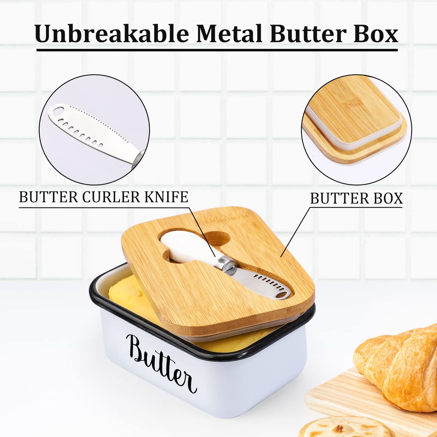 Butter Dish with Lid and Butter Curler Knife - Unbreakable Stainless Steel Keeper Container with Double Silicone Sealing, for Kitchen Farmhouse Decor