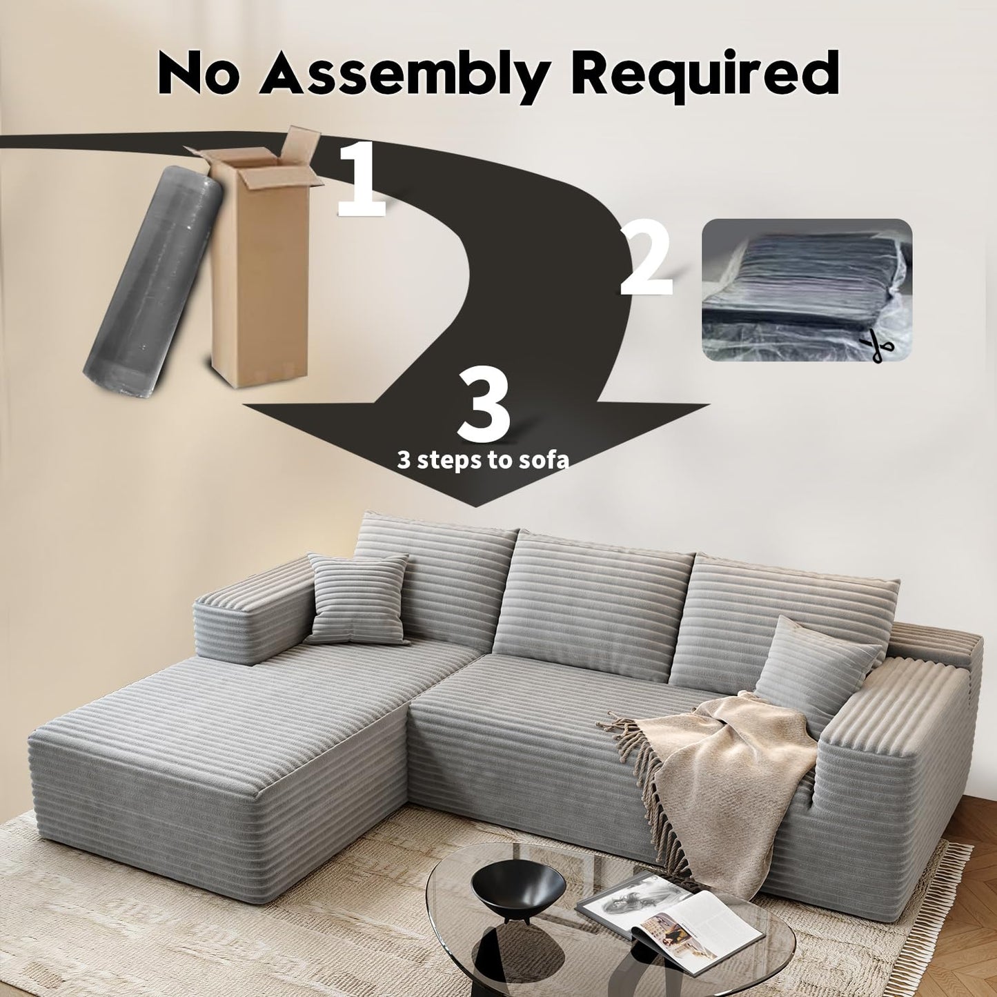 107.5" Cloud Modular Sectional Sofa with 1 Ottoman,Modern Minimalist Upholstered Couches, Comfort U Shaped Sofa for Living Room,Deep Seat Corner Couch,No Assembly Required (Black,Left Facing Chaise)