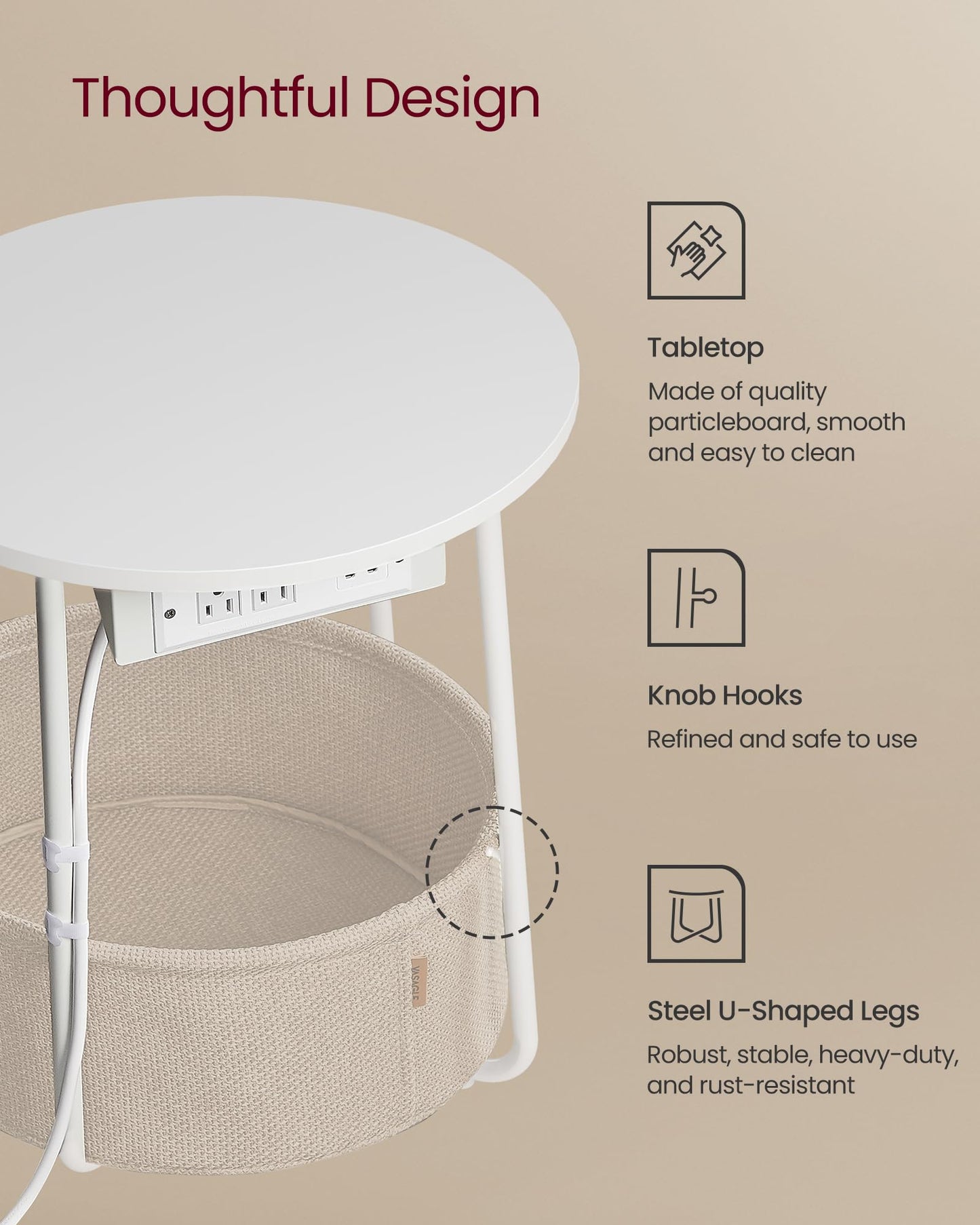 VASAGLE Side Table with Charging Station, Round End Table With Fabric Basket, Nightstand with Power Outlets USB Ports, for Living Room, Bedroom, Modern, Ebony Black and Slate Gray ULET228B01