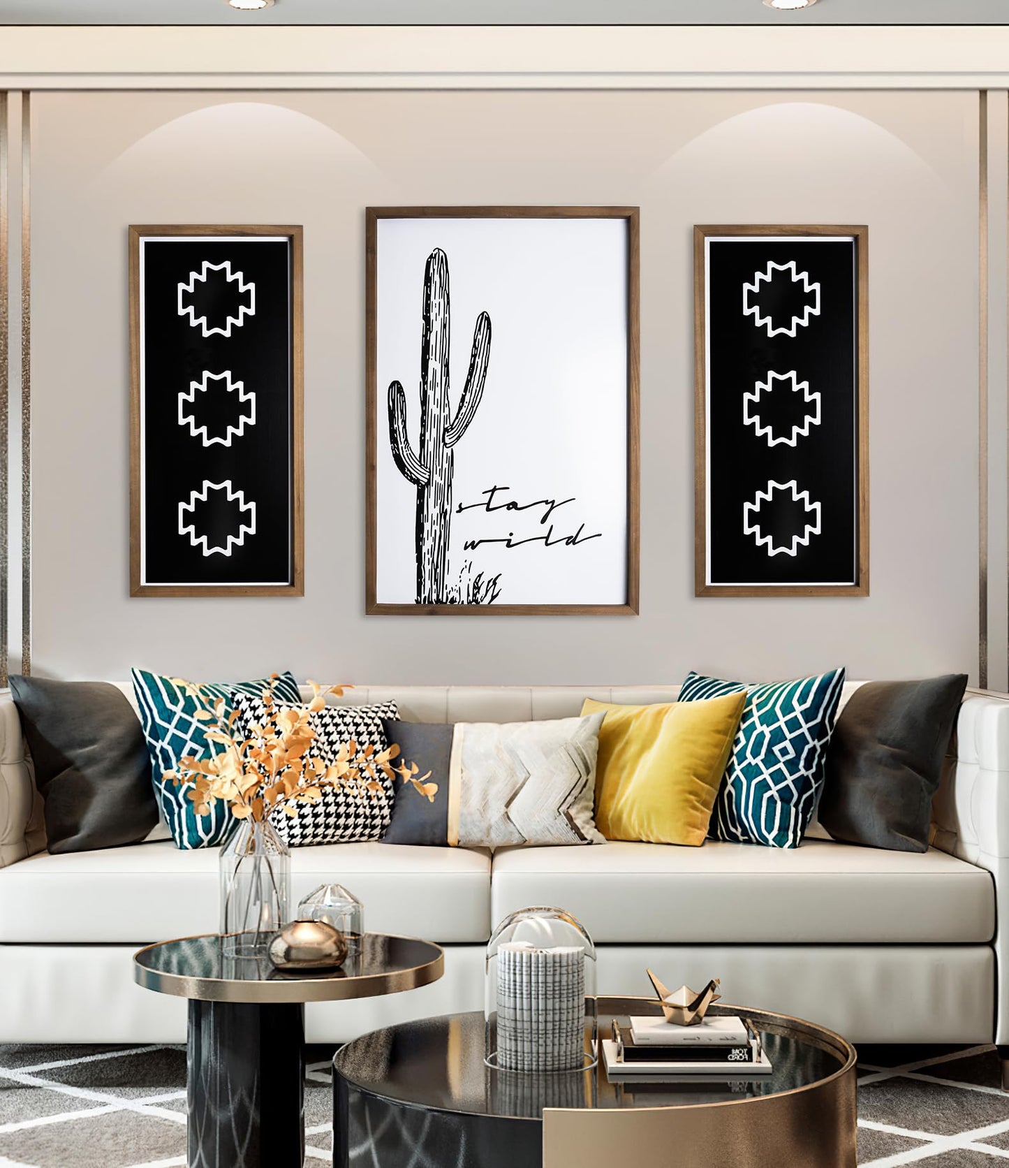 2 Pcs Western Aztec Wall Decor With Wood Framed, 20.9x9.8 Inch Wooden Southwestern Boho Wall Art, Native American Living Room Bedroom Guest Bathroom Rustic Decorations for Home
