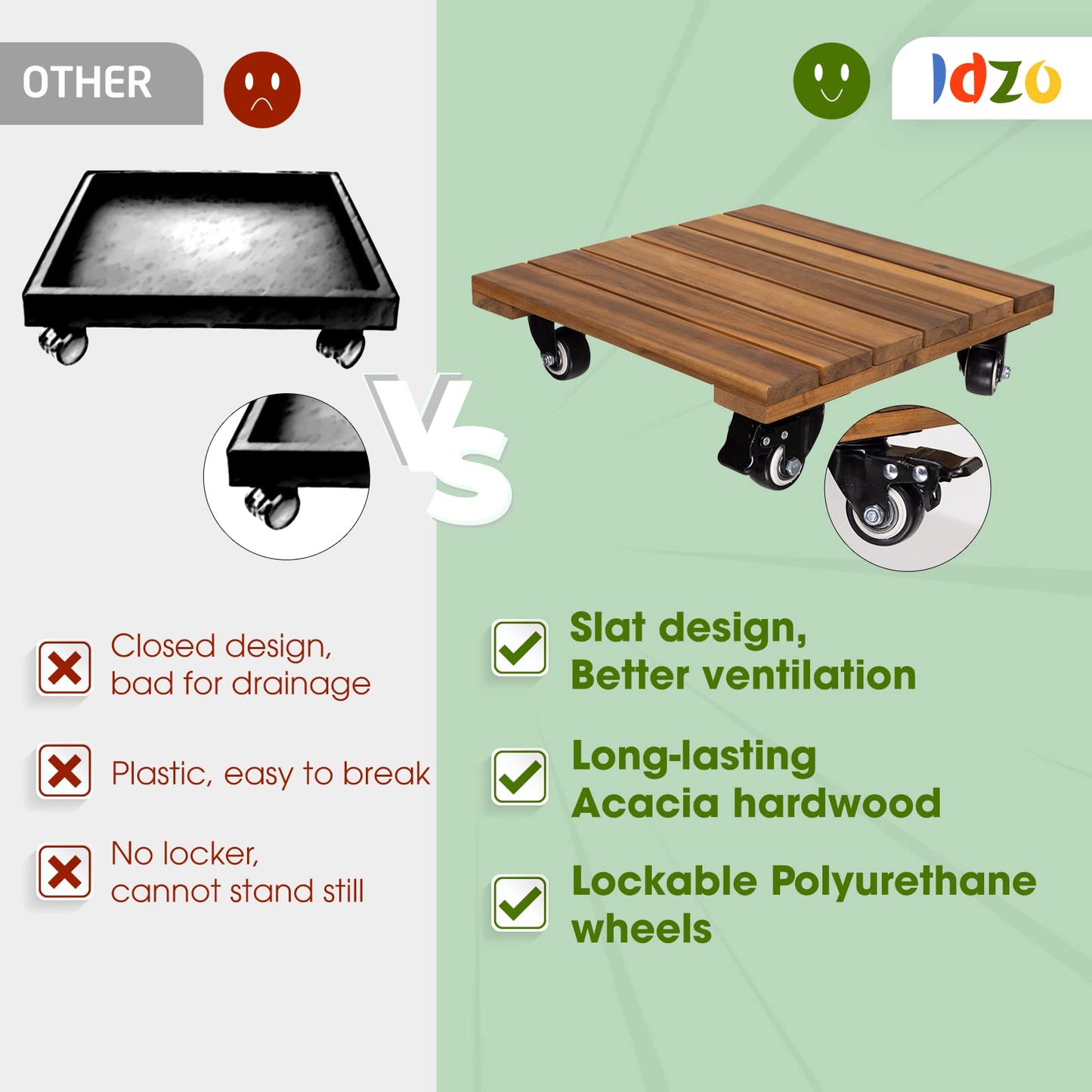 2pack Wood Plant Caddy With Wheels Heavy Duty Red Brown, 264 Lbs Capacity, 12 Inch Acacia Hardwood Plant Dolly, Plant Stand with 360° Lockable Wheels for Plant Pots, Heavy Objects Hauling
