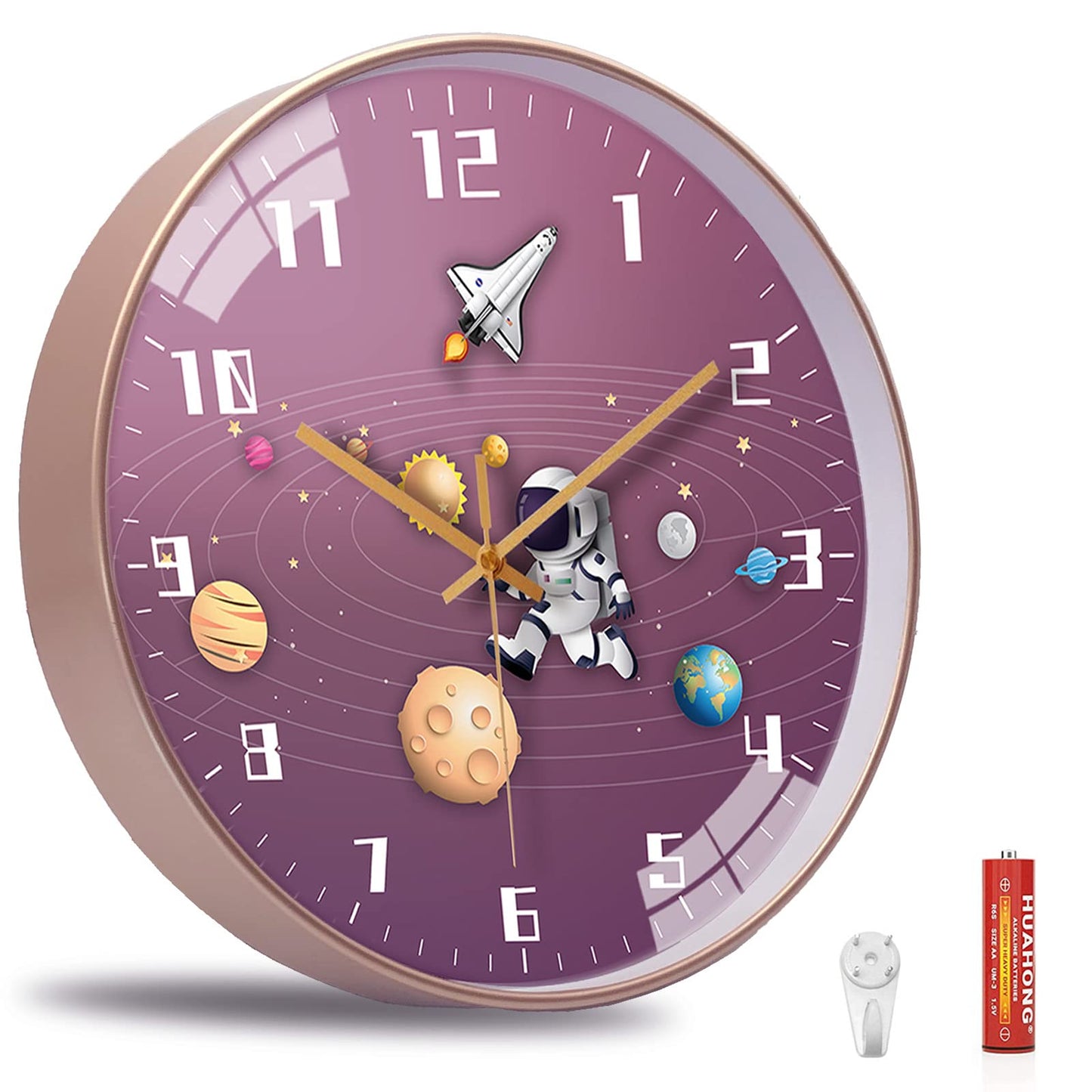 12 Inch Silent Movement Kids Wall Clock, Non Ticking Children Round Wall Clock Battery Operated Space Travel Style Decor Children Clock for School Boys Bedroom Living Room Space Decor (Blue)