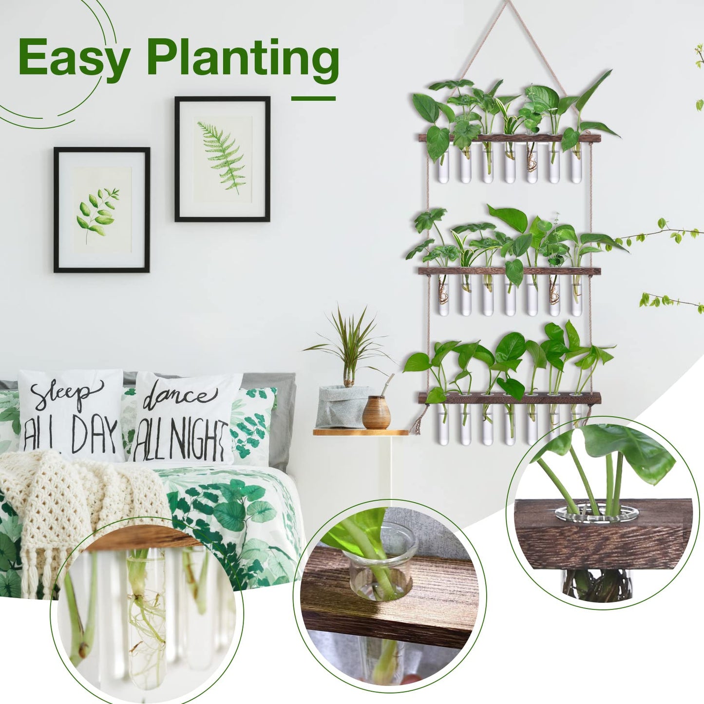 Wall Hanging Propagation Station with Wooden Stand 5 Glass Test Tubes 3 Tiered Planters Wall Terrarium