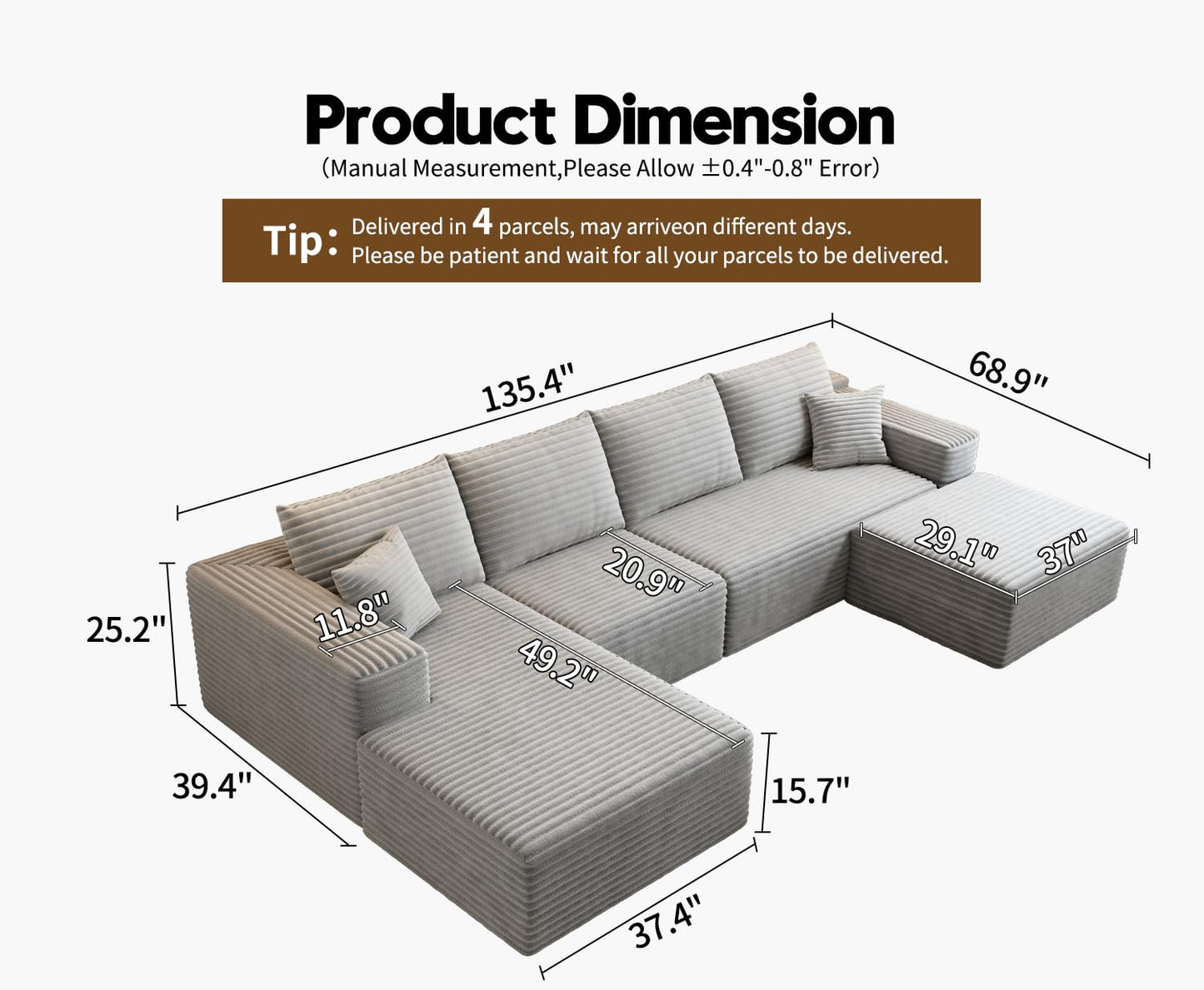 107.5" Cloud Modular Sectional Sofa with 1 Ottoman,Modern Minimalist Upholstered Couches, Comfort U Shaped Sofa for Living Room,Deep Seat Corner Couch,No Assembly Required (Black,Left Facing Chaise)