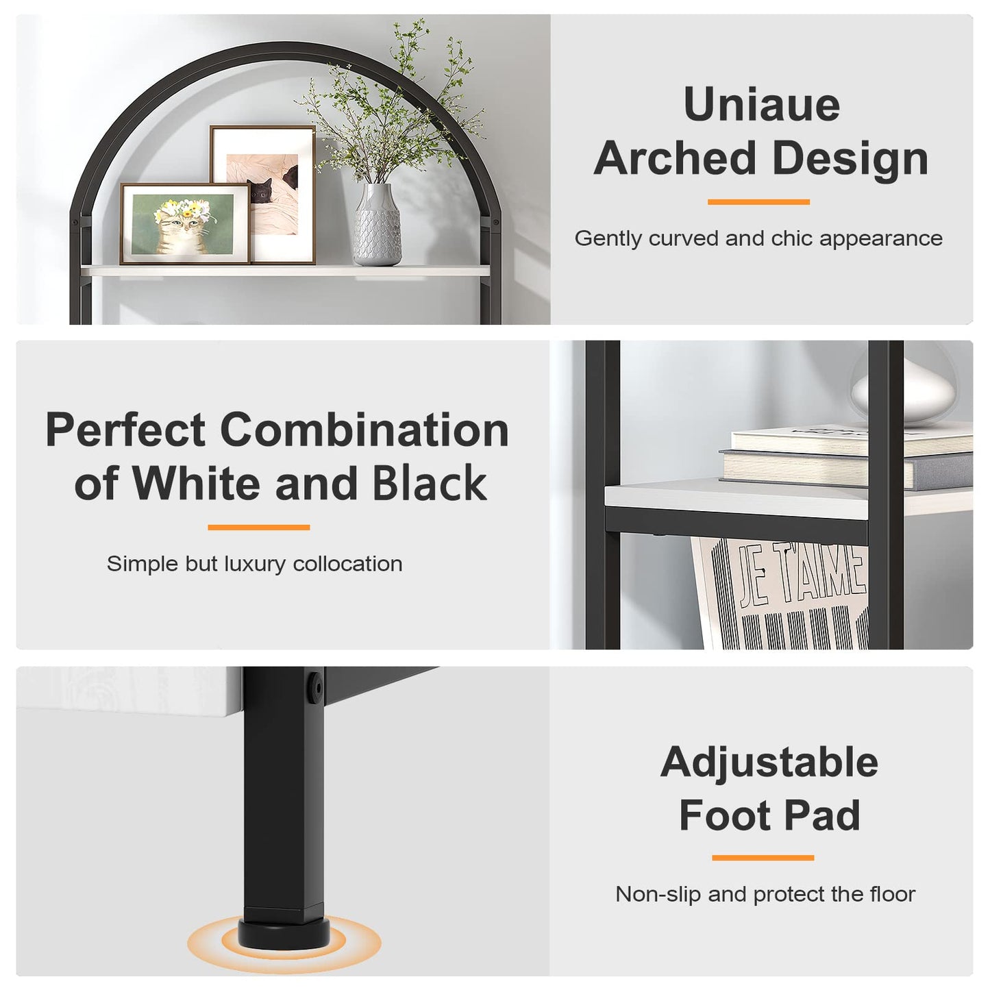 Arched Bookshelf, Bookcase with Doors Storage, 71 Inches Tall Industrial Book Shelf with Sturdy Metal Frame, E1 Quality Boards, Freestanding Display Shelving Unit, Black