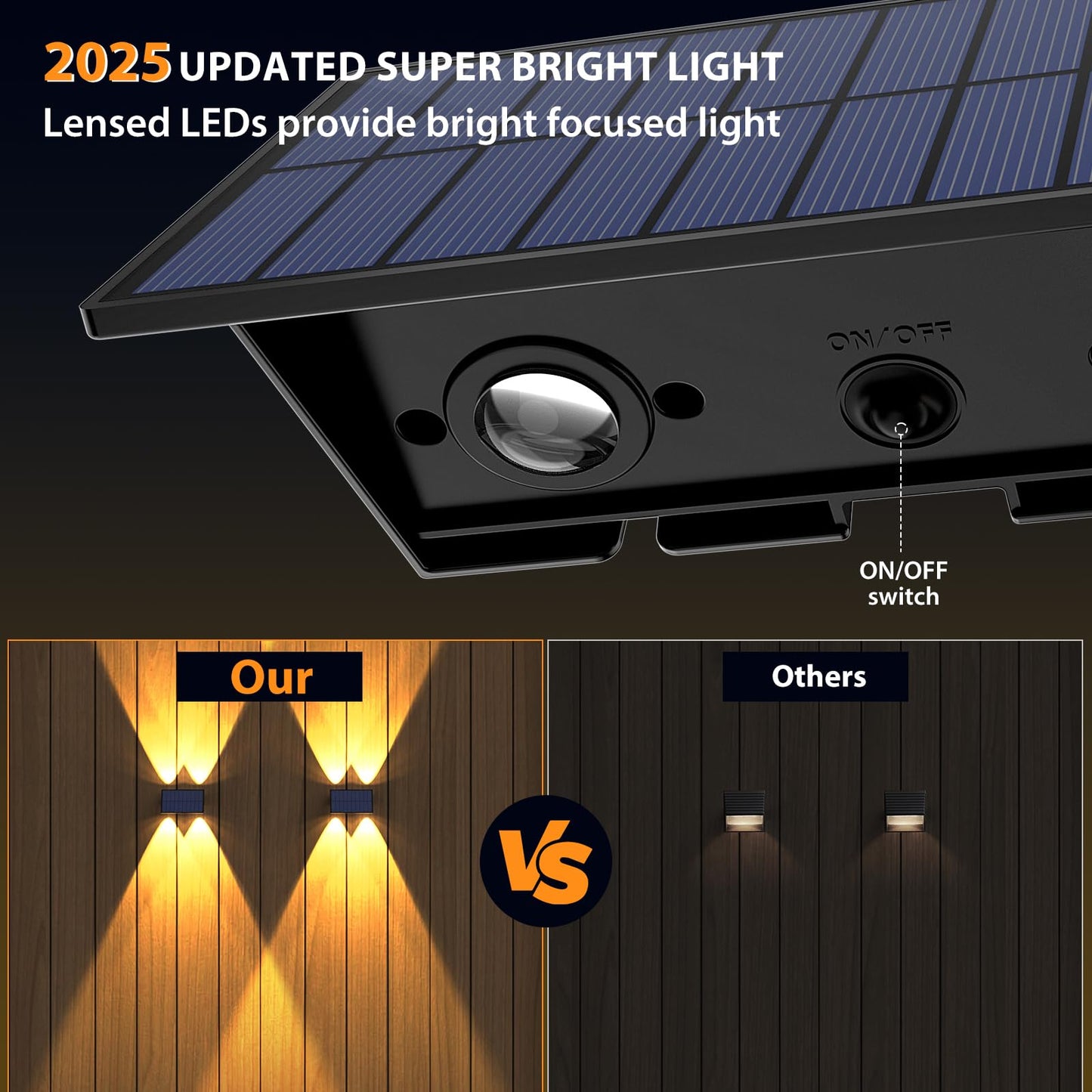 Solar Fence Lights,6Pack Solar Lights Outdoor Warm White + RGB Up & Down Waterproof 100 Lumens Dusk to Dawn Large Solar Wall Lights for Backyard/Pool/Railing/Patio/Porch/Step/Wall