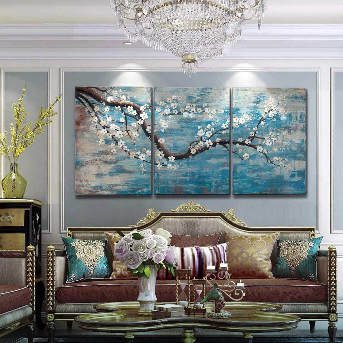 3 Piece Wall Art Hand-Painted Framed Flower Oil Painting On Canvas Gallery Wrapped Modern Floral Artwork for Living Room Bedroom Décor Teal Blue Lake Ready to Hang 12"x16"x3 panel