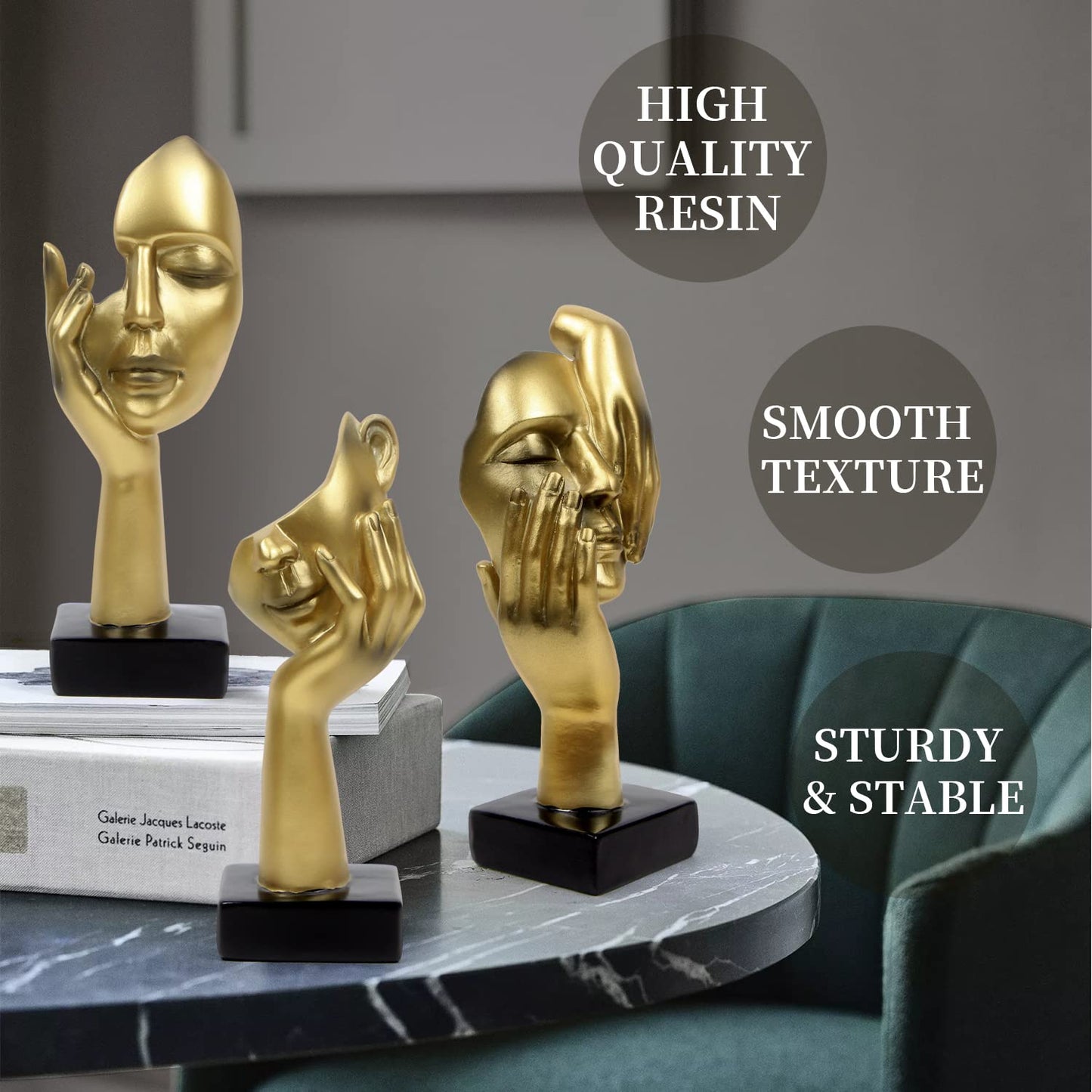 3 Pcs Thinker Statue, Silence is Gold Abstract Art Figurine, No Hear No See No Speak Modern Home Resin Sculptures Decorative Objects