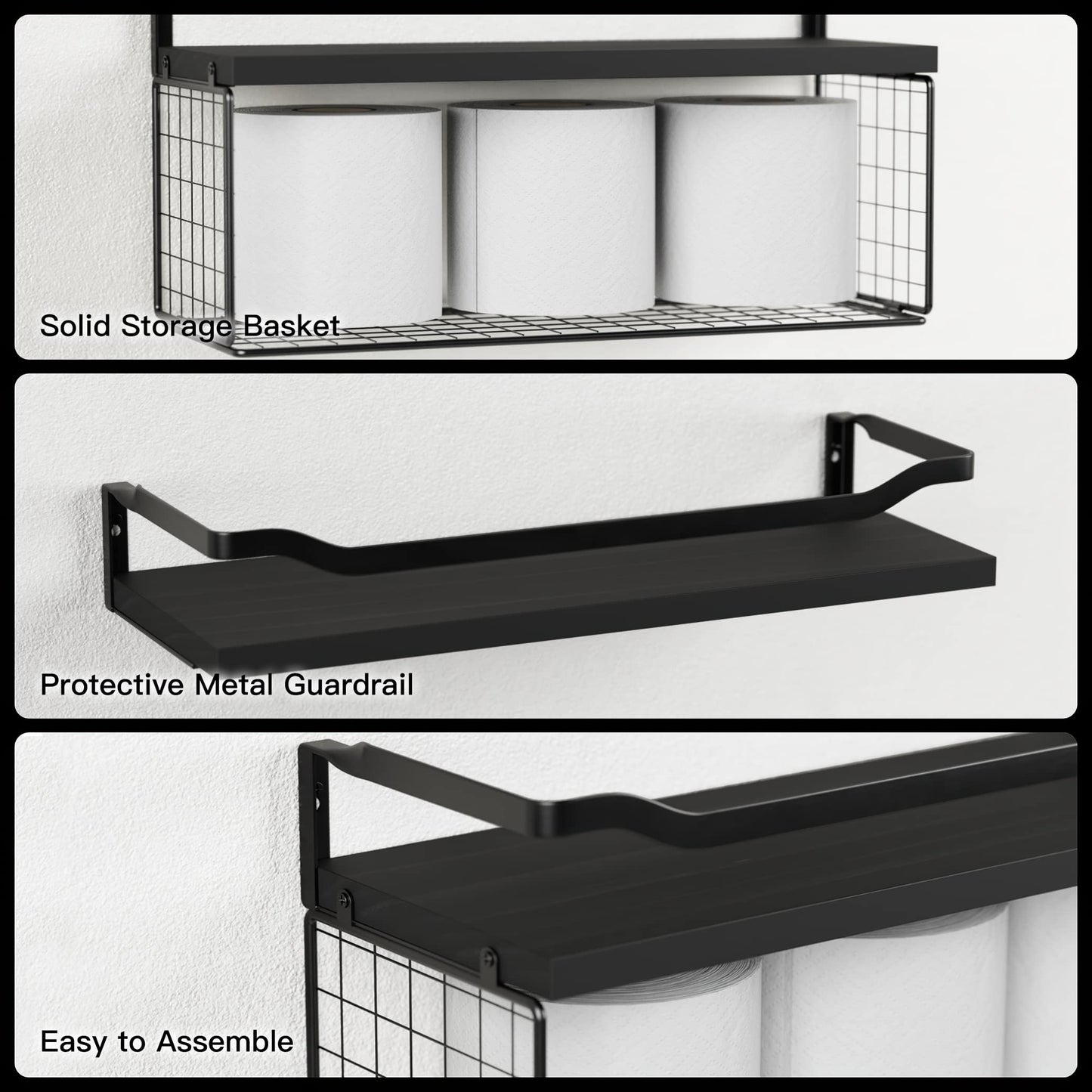 Floating Shelves with Wire Storage Basket, Bathroom Shelves Over Toilet with Protective Metal Guardrail, Wood Wall Shelves for Bathroom, Bedroom, Living Room, Toilet Paper-Black