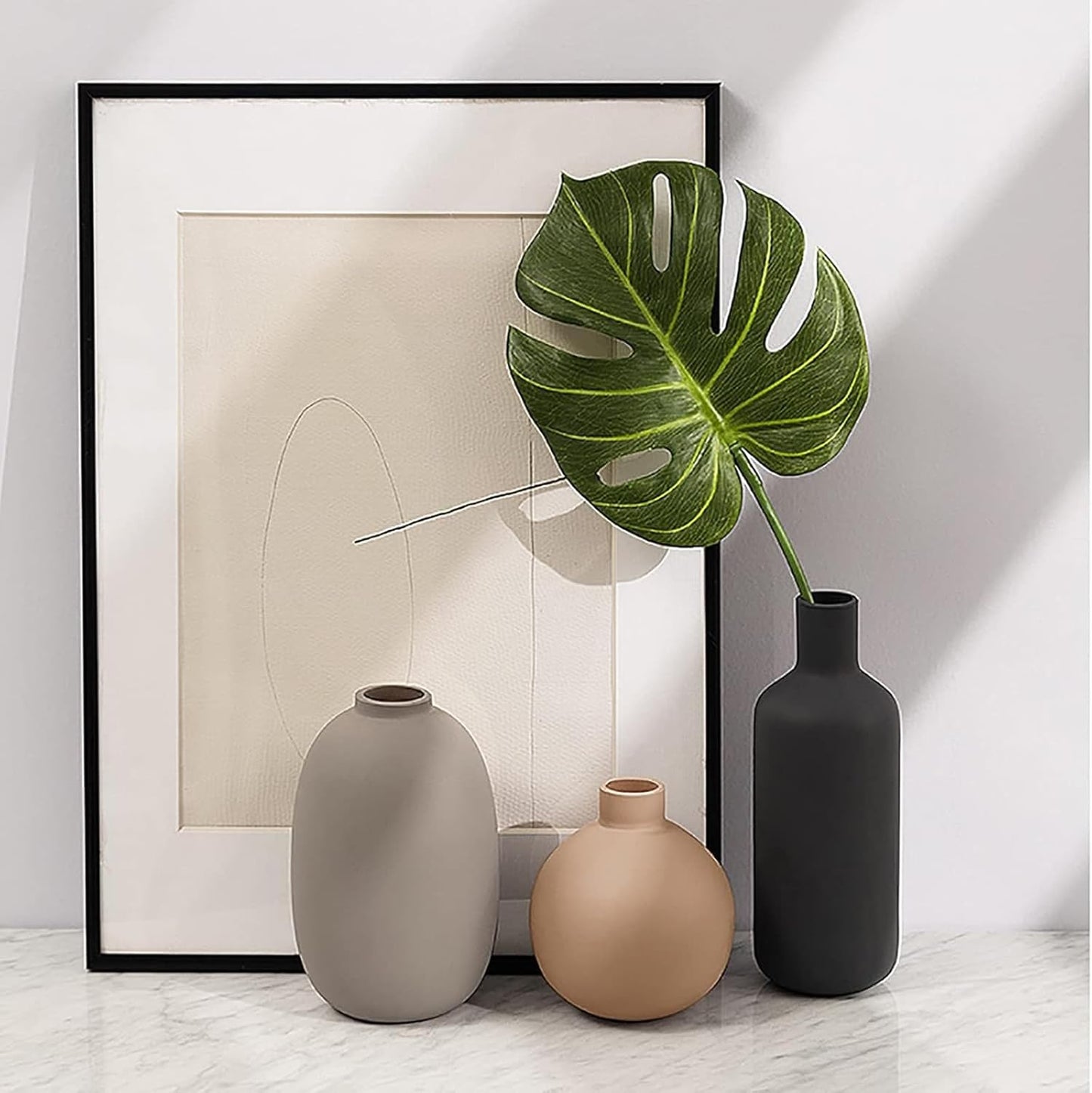 Ceramic Modern Farmhouse Vase, Neutral Small for Table, Living Room, Shelf, Bookshelf and Entryway Décor, Set of 3