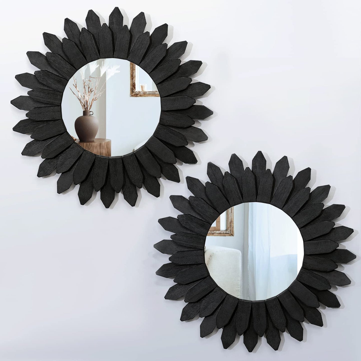 Honiway Wall Mirror Decorative 12 inch Rustic Wood Mirror Sunburst Boho Mirror for Entryway Bedroom Living Room Bathroom House Warming Gifts New Home Essential Carbonized Black