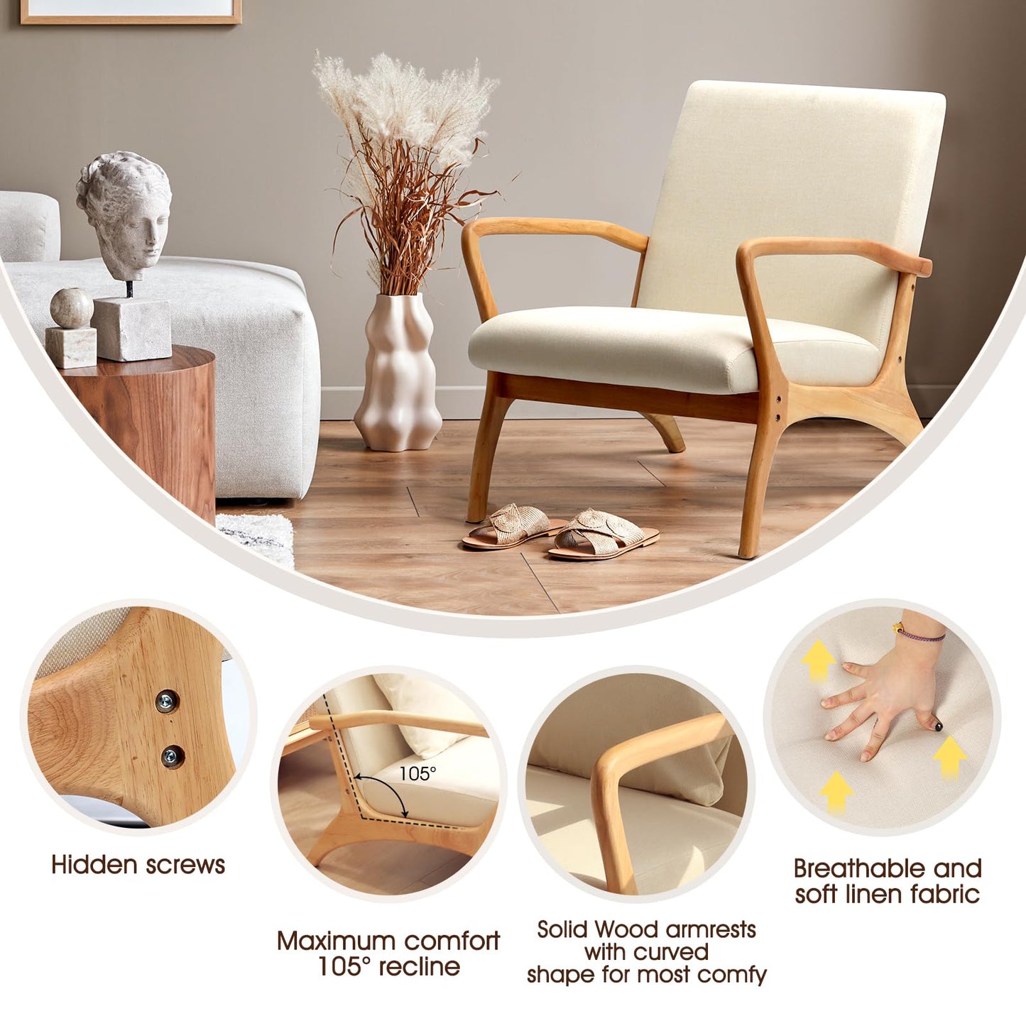ELUCHANG Mid-Century Modern Accent Chair With Lumbar Pillow, Upholstered Armchair