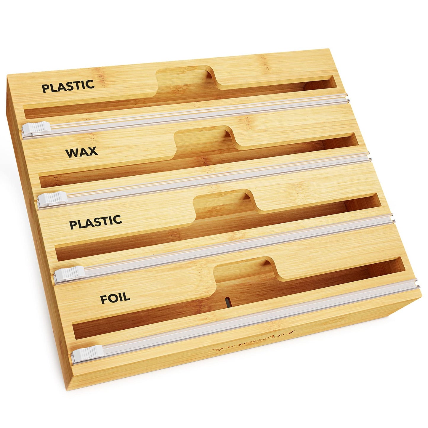 SpaceAid WrapNeat 3 in 1 Wrap Organizer with Cutter and Labels, Plastic Wrap, Aluminum Foil and Wax Bamboo Dispenser for Kitchen Storage Organization Holder for 12" Roll (Natural)