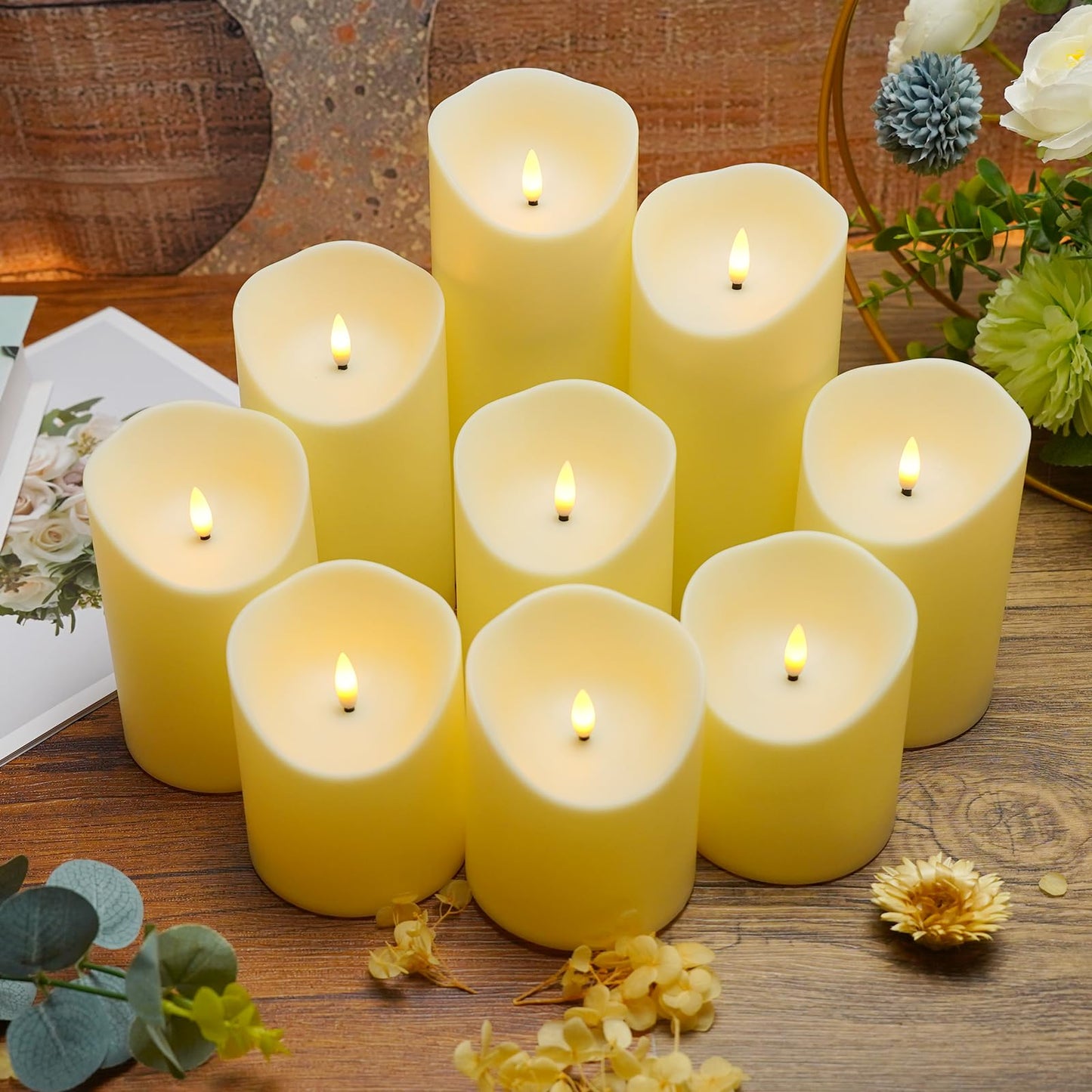 Flameless Candles with Remote, Battery Operated Flickering Flameless Candles, LED Candles with Timer 2/4/6/8H, with Realistic LED Candles Set of 9 (D3 x H 3" 4" 5" 6" 7") (Black)