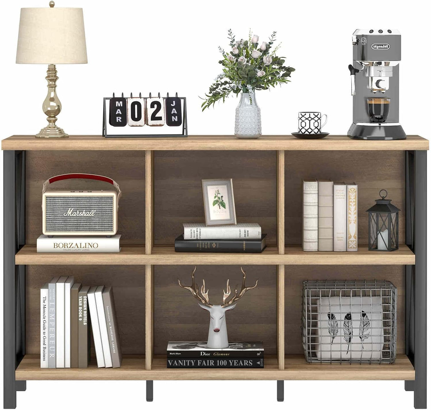 FATORRI 6 Cube Storage Organizer with Shelf, Long Wood and Metal Cubby Bookcase