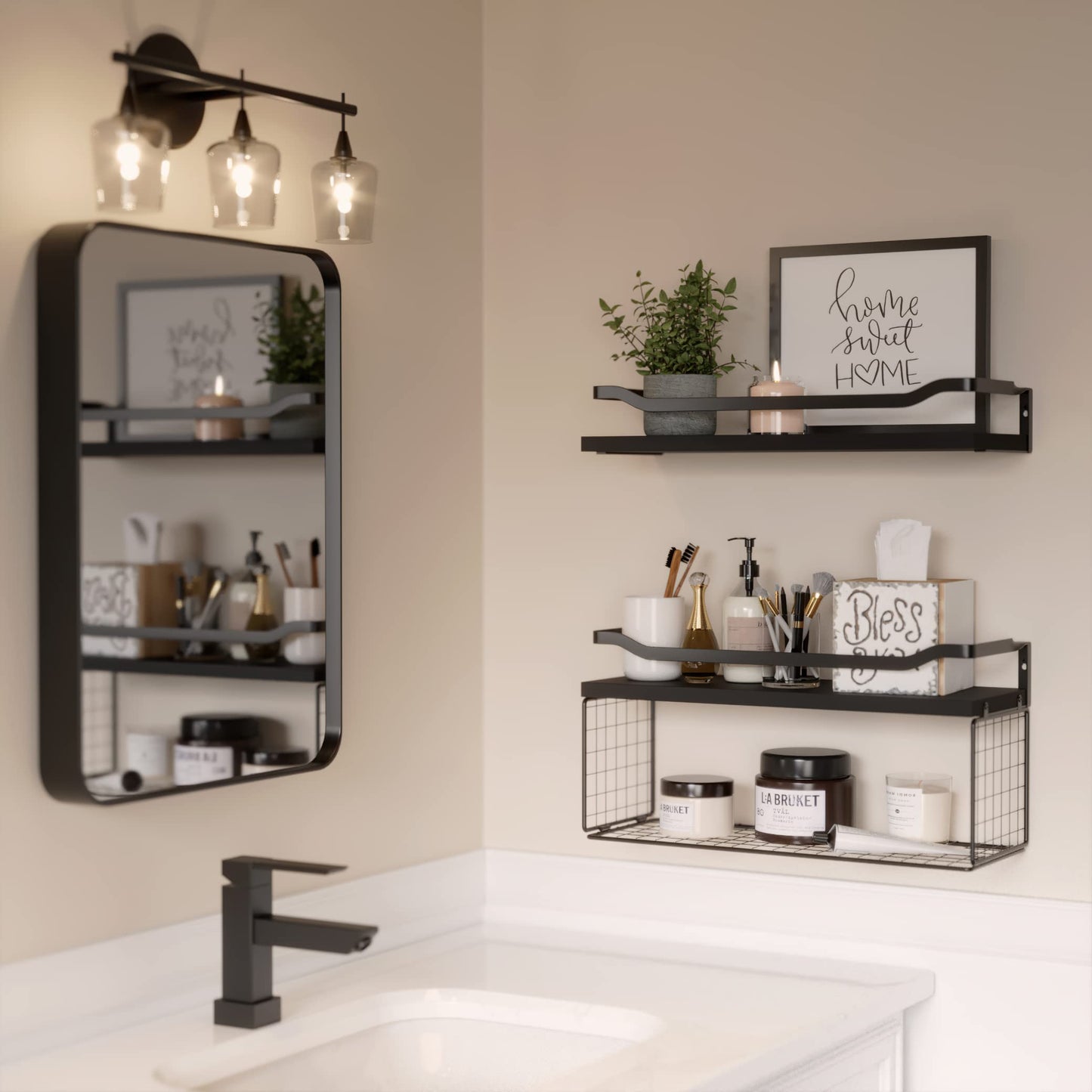 Floating Shelves with Wire Storage Basket, Bathroom Shelves Over Toilet with Protective Metal Guardrail, Wood Wall Shelves for Bathroom, Bedroom, Living Room, Toilet Paper-Black