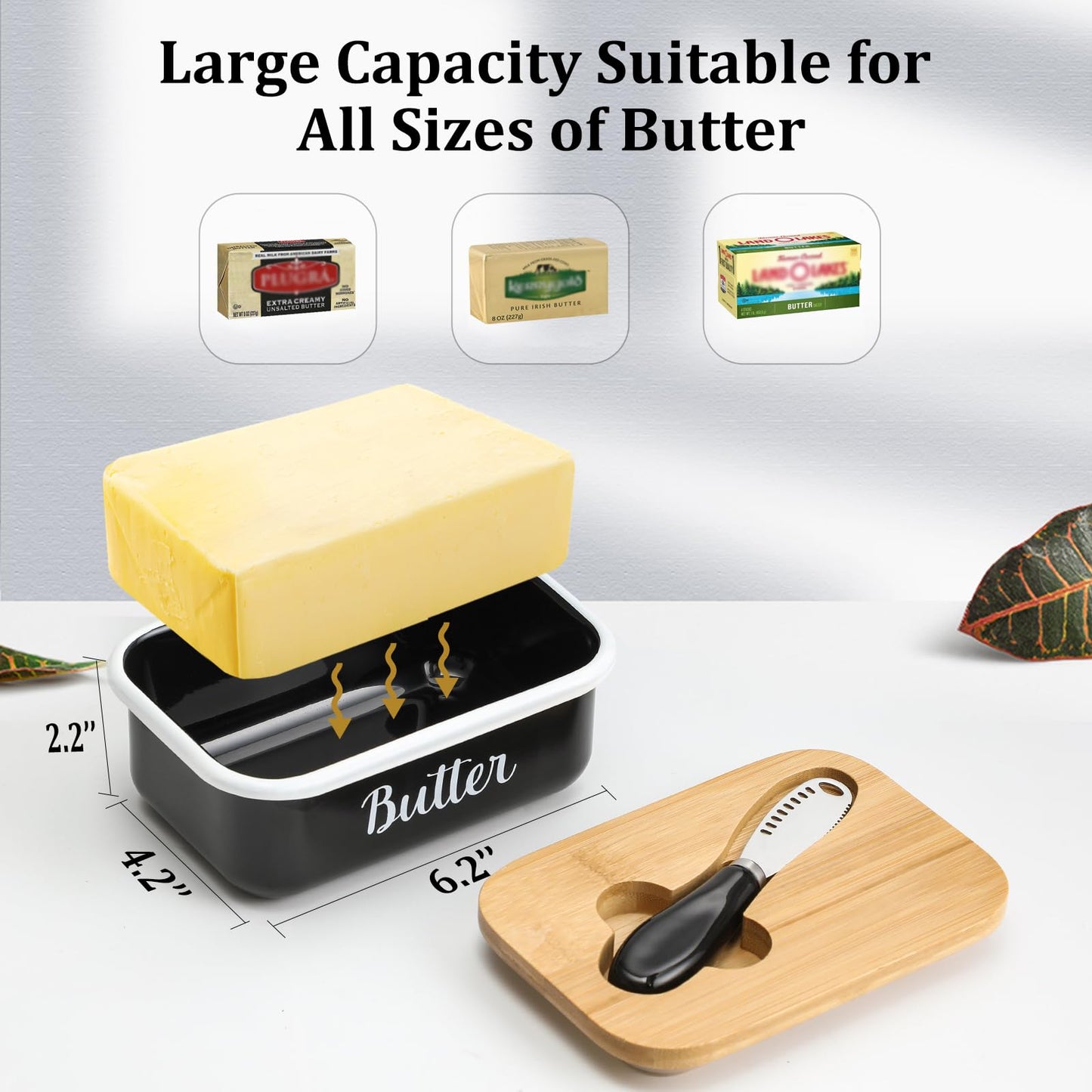 Butter Dish with Lid and Butter Curler Knife - Unbreakable Stainless Steel Keeper Container with Double Silicone Sealing, for Kitchen Farmhouse Decor