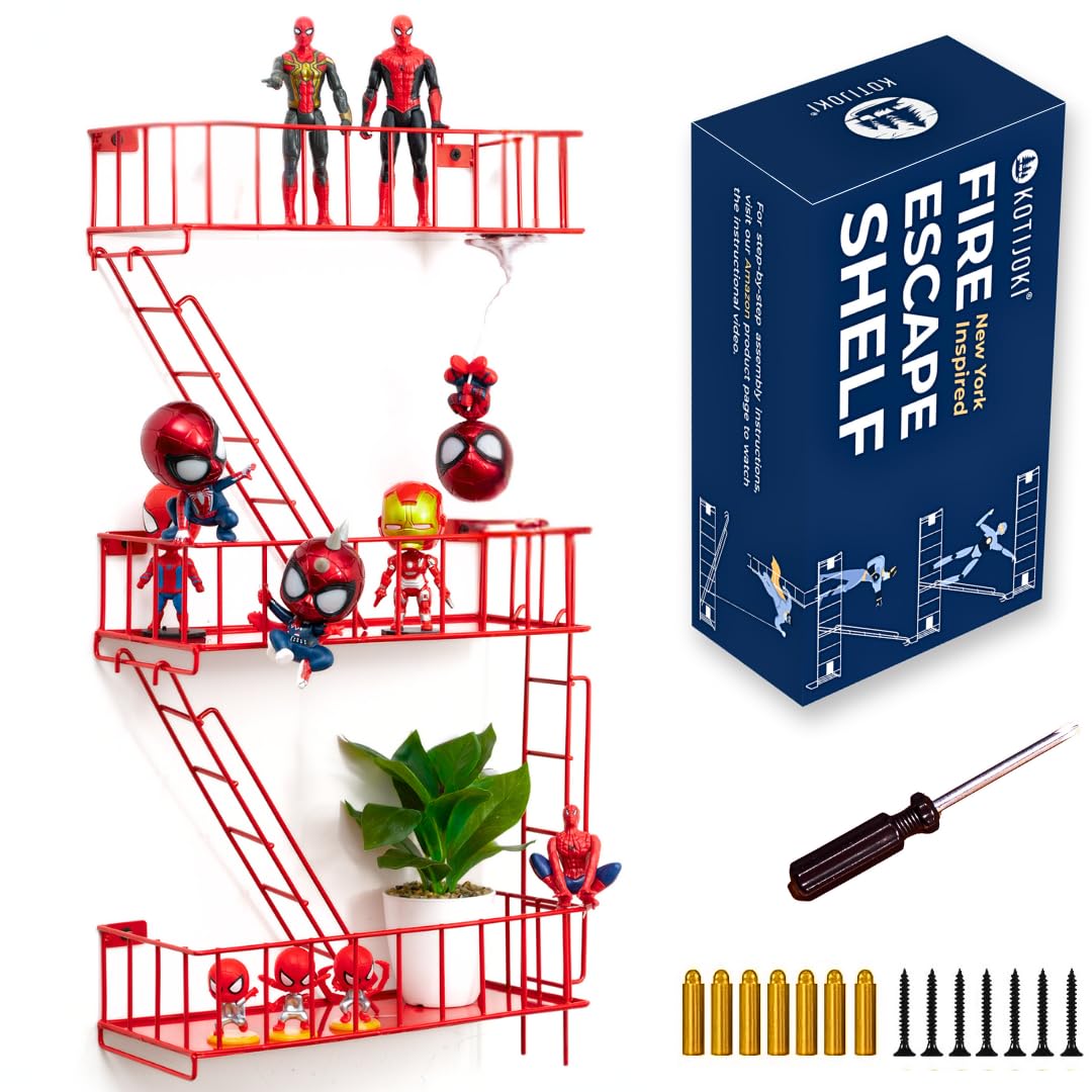 Fire Escape Wall Shelf - New York Metal Decorative Shelf with Screwdriver & Screws, Rustic Wall Shelves for Bedroom, Home Décor, Action Figure Display (3-Tier Black Floating Shelves)