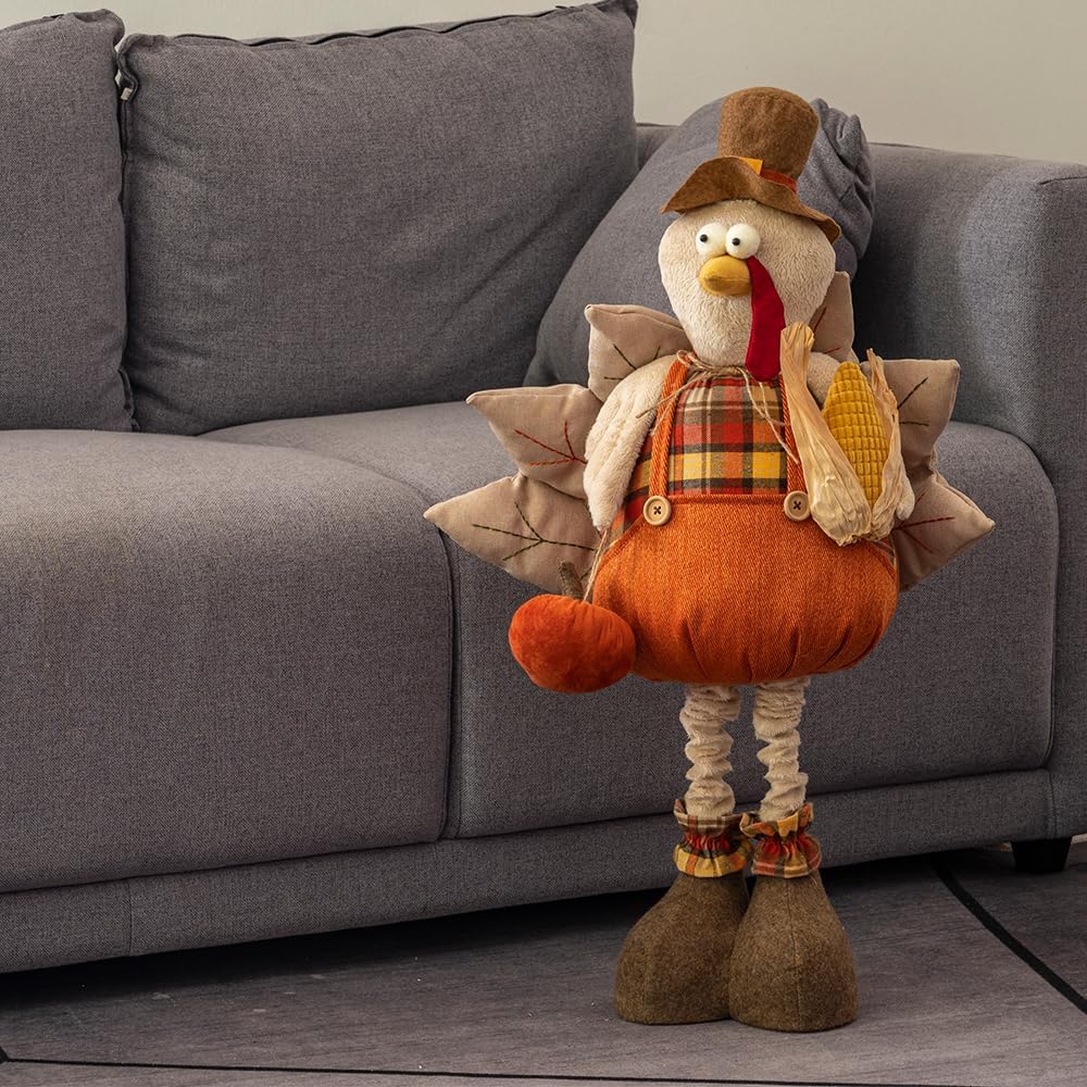 unanscre 22.5’’-36.5’’ Standing Thanksgiving Turkey Plush Decoration - Large Turkey Gnome w/Retractable Spring Legs Stuffed Doll Handmade for Autumn Harvest Ornaments, Home Farmhouse Fall Decor