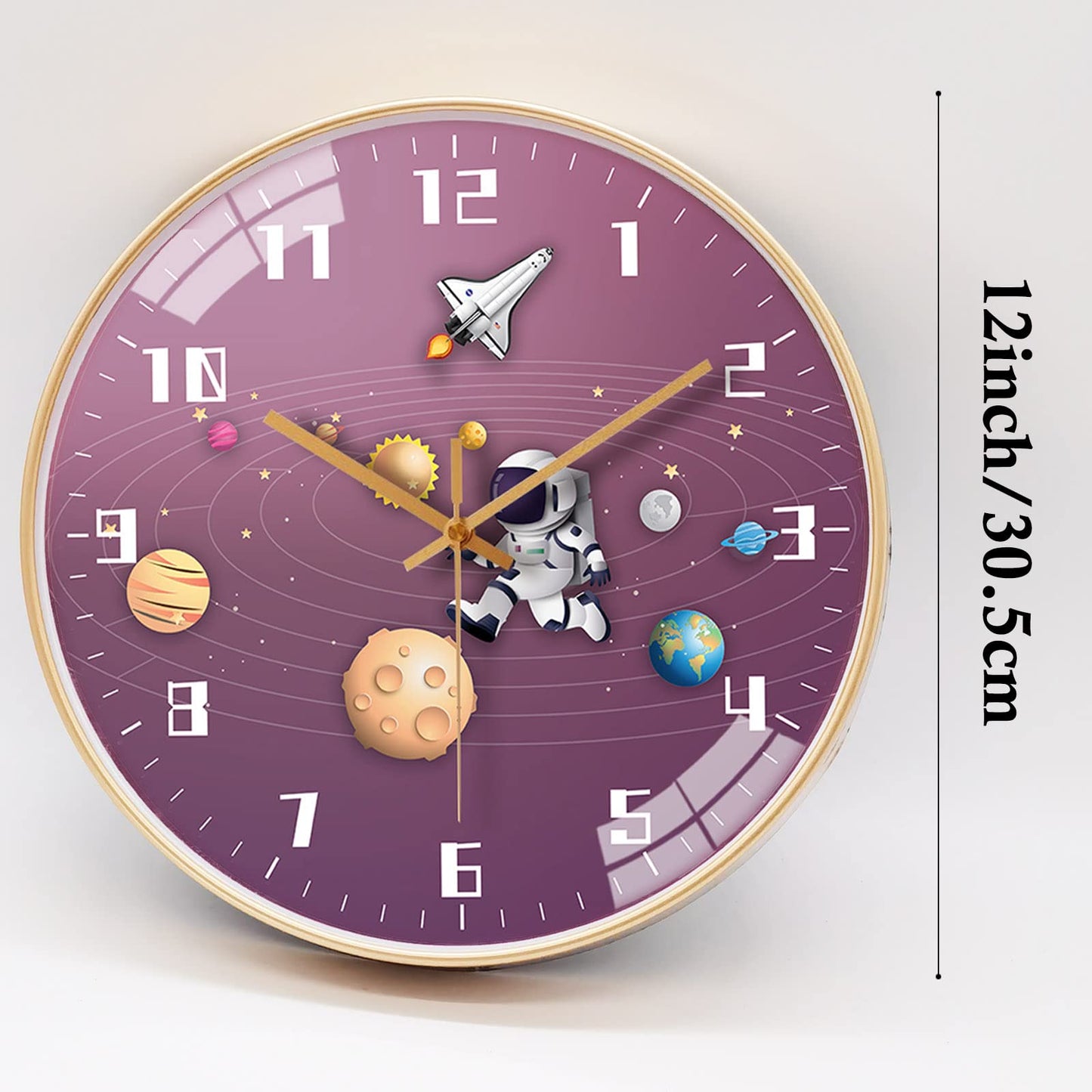 12 Inch Silent Movement Kids Wall Clock, Non Ticking Children Round Wall Clock Battery Operated Space Travel Style Decor Children Clock for School Boys Bedroom Living Room Space Decor (Blue)