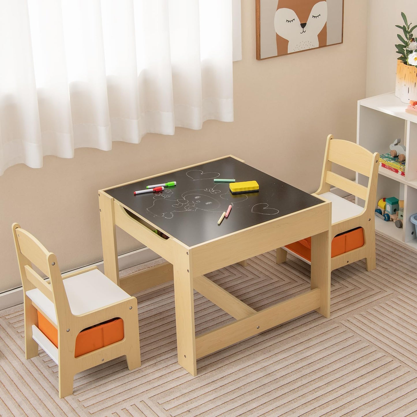 Costzon Kids Table and Chairs, 4 in 1 Wooden Activity Desk Set w/Reversible Tabletop, Bookshelves & Storage Drawers for Drawing, Reading, Crafts, Playing, Toddler Table and Chair Set