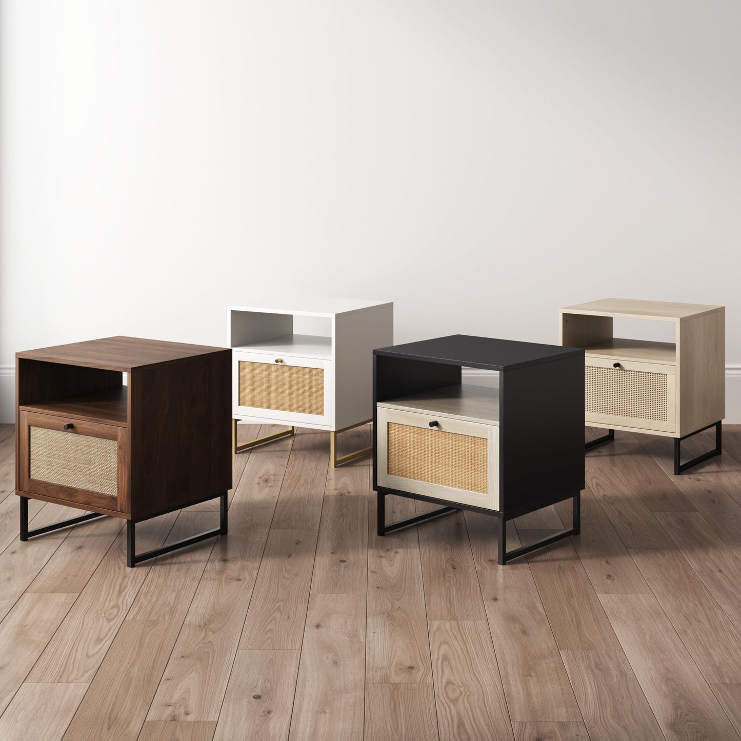 Nathan James Mina Rattan Wood End Side Accent Table Nightstand with Storage for Living Room or Bedroom, 1, Oak/Black