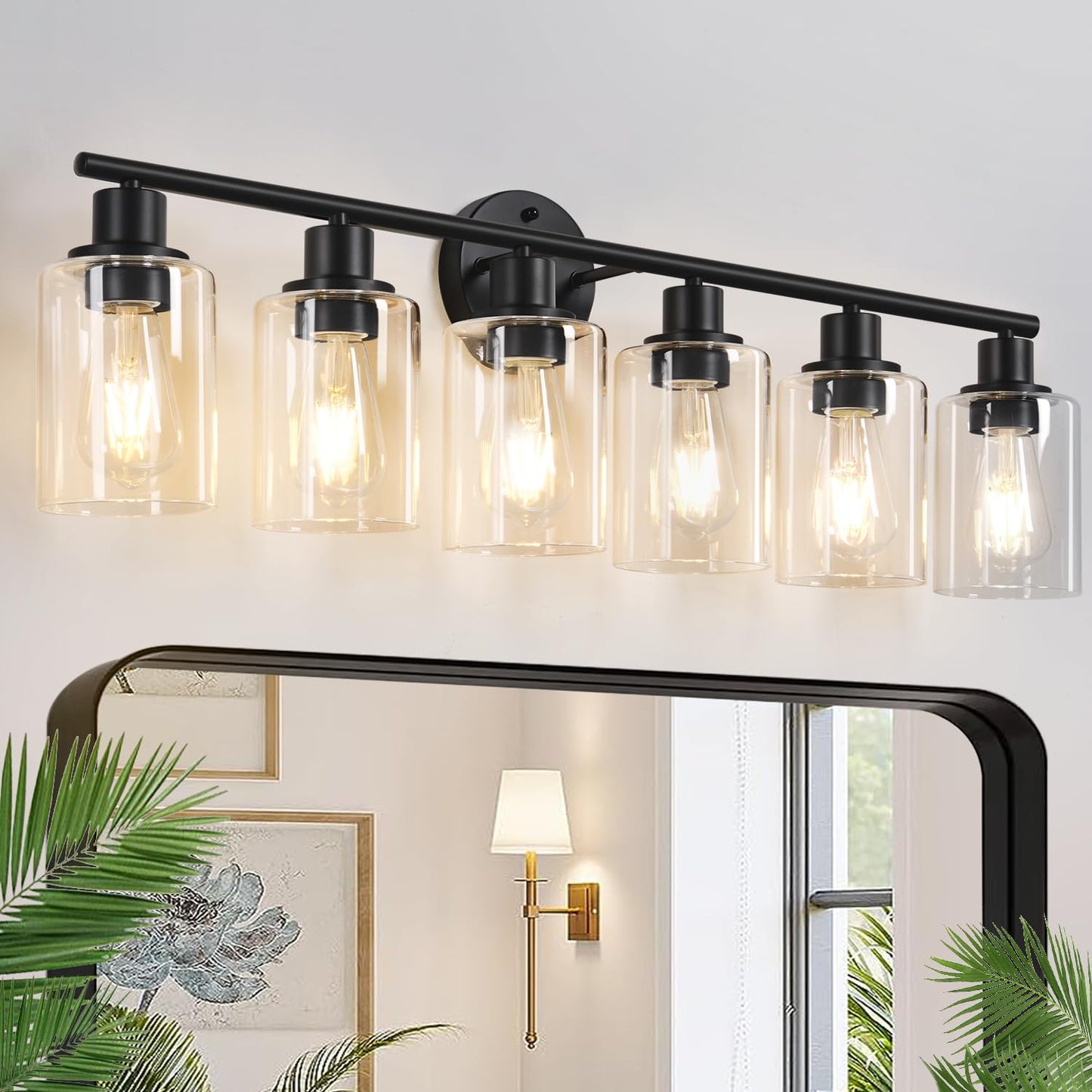 3-Light Bathroom Light Fixtures, Black Modern Vanity Lights with Clear Glass Shade, Bathroom Wall Lamp