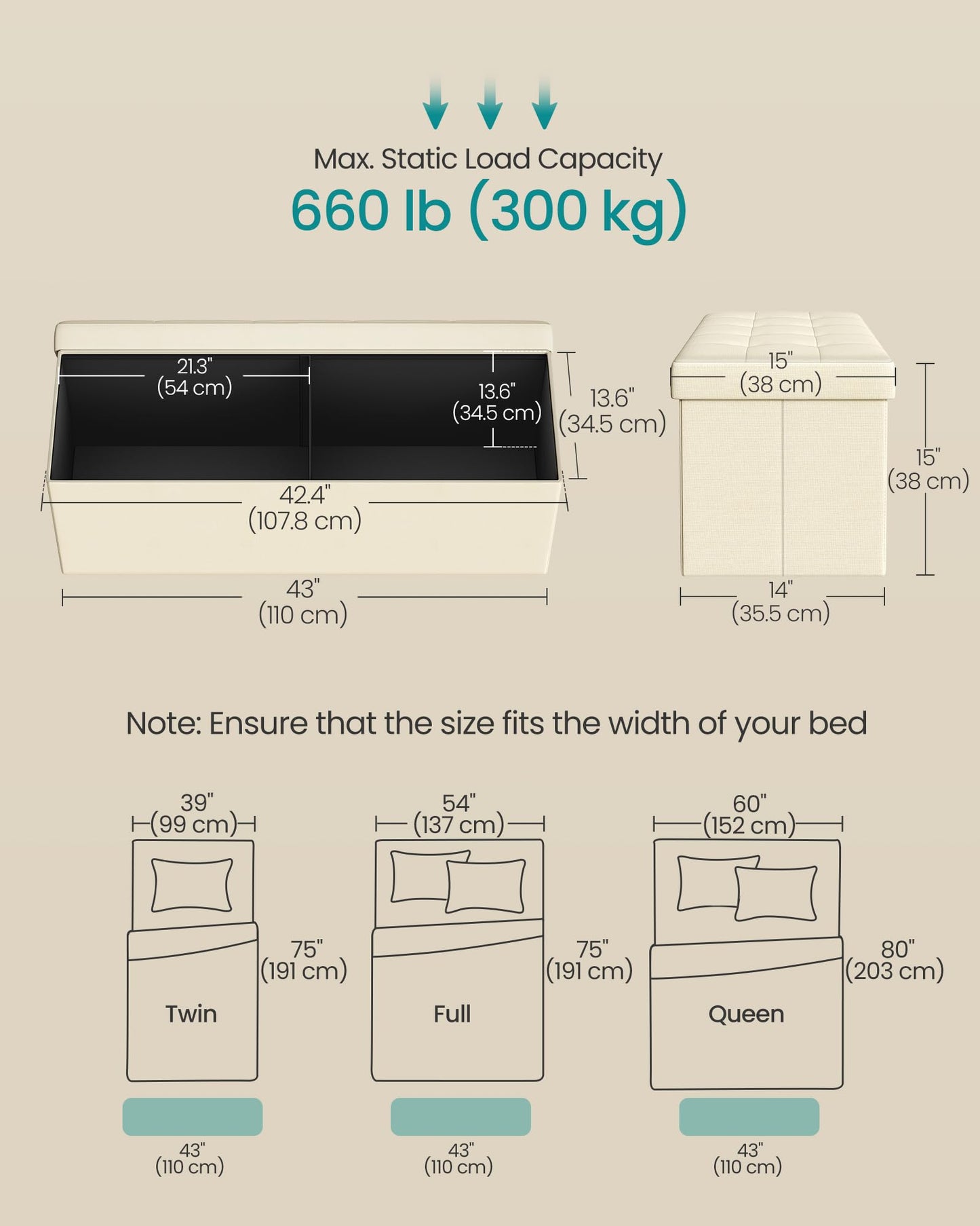 SONGMICS MAZIE Collection - 43 Inches Folding Storage Ottoman Bench, Ottoman Foot Rest, End of Bed Bench, Storage Chest, Load 660 lb, for Living Room, Bedroom, Entryway, Midnight Blue ULSF77IN