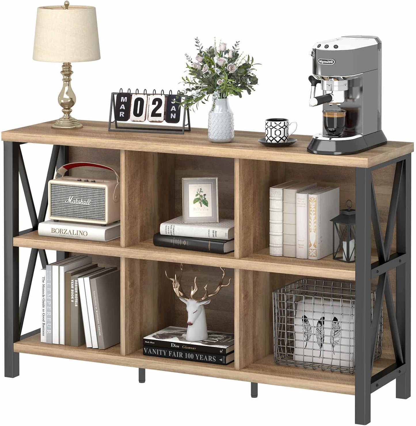 FATORRI 6 Cube Storage Organizer with Shelf, Long Wood and Metal Cubby Bookcase