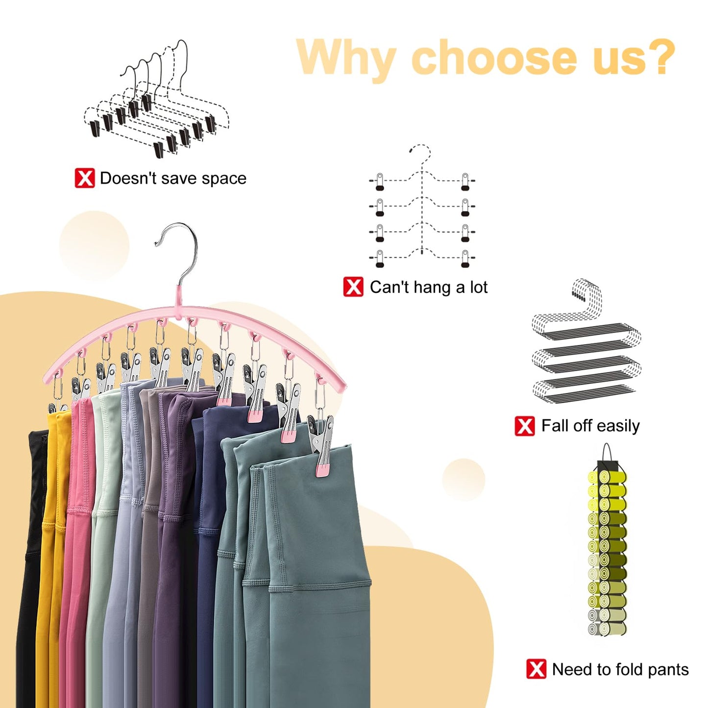 Metal Yoga Pants Hangers 2 Pack w/10 Clips Holds 20 Leggings, Space Saving Hanging Closet Organizer w/Rubber Coated Closet Organizer