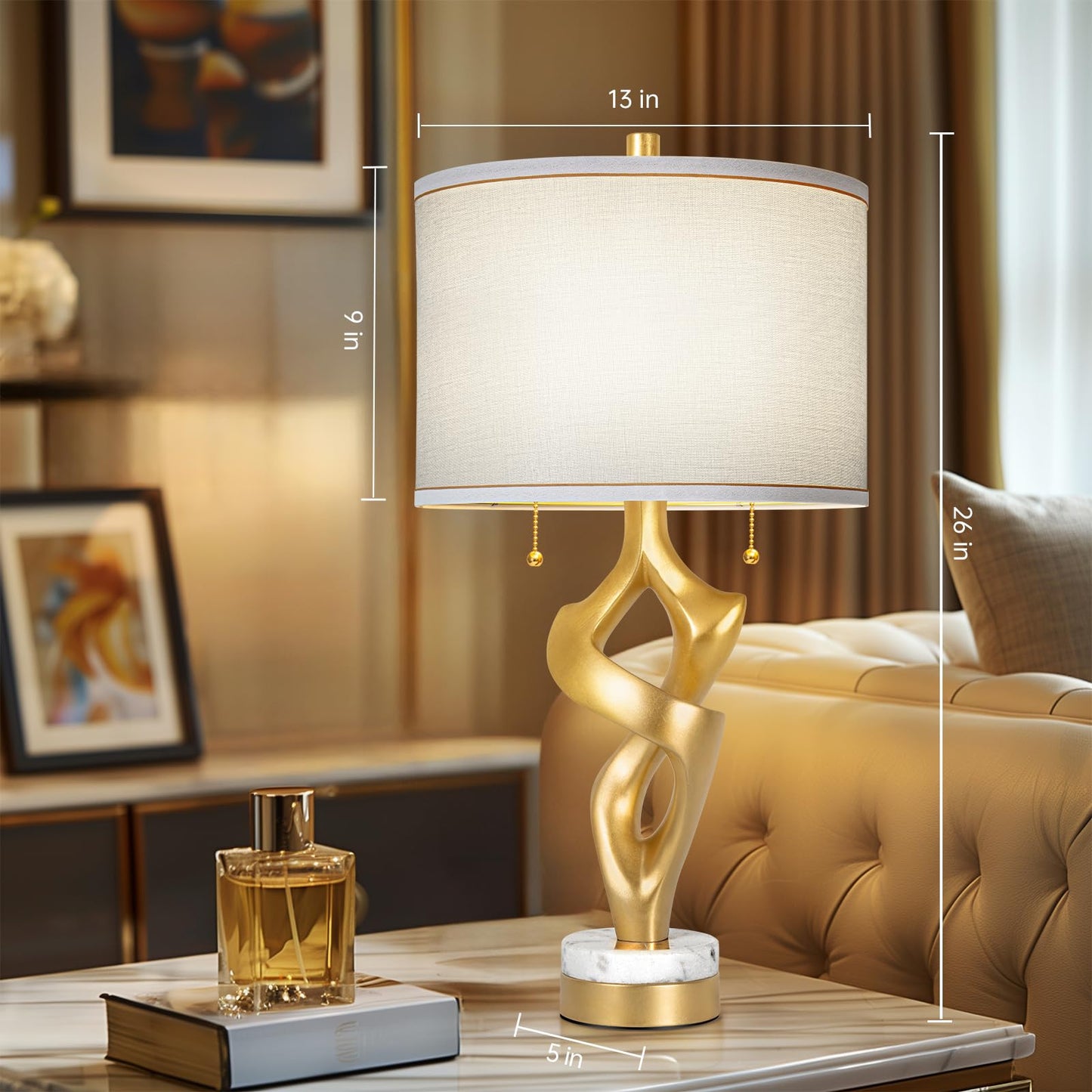 Scenekoy Sculptural Table Lamp Set of 2 for Bedroom, 26” Farmhouse Bedside Lamps for Living Room, Rustic Linen Shade Night Stand Lamp Marble Base with USB Ports for Home Decor (E26 Bulbs Included)