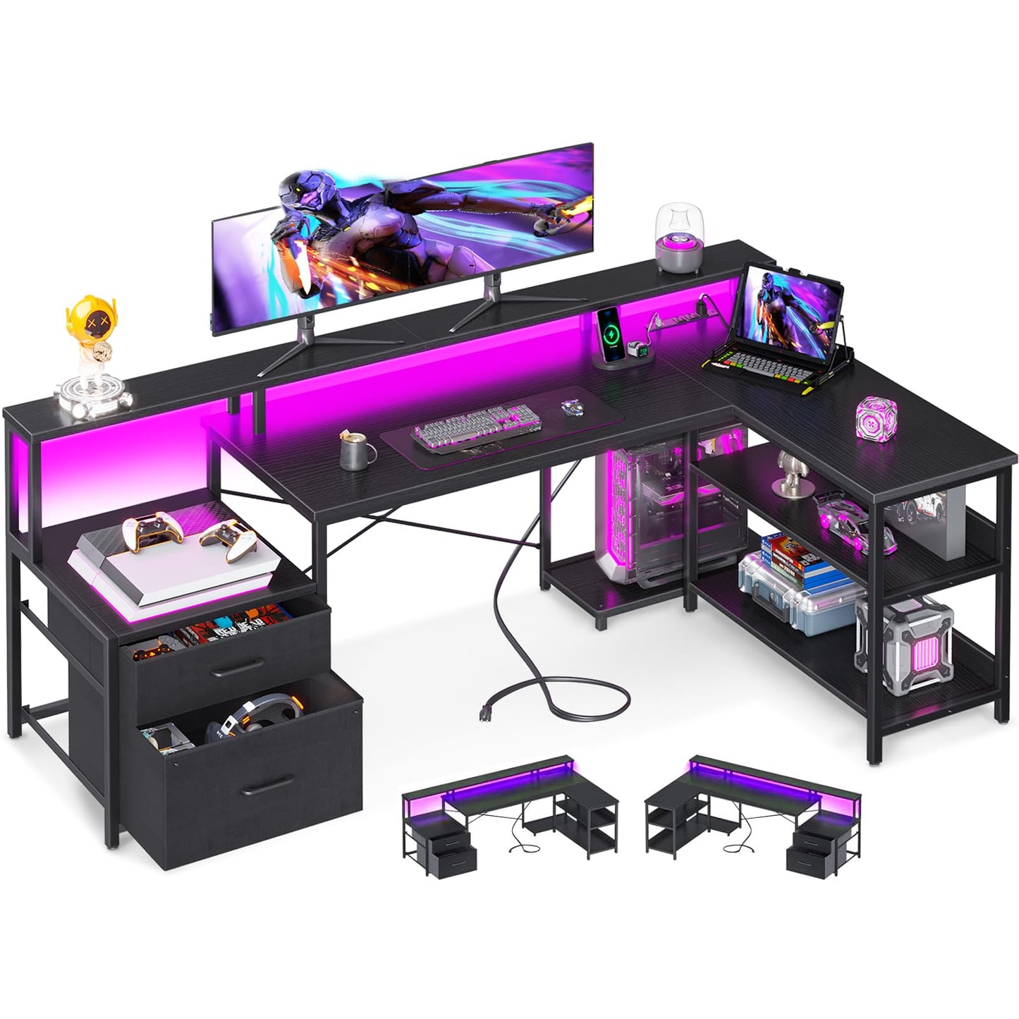 ODK L Shaped Desk with File Drawer, 75" Reversible L Shaped Computer Desk with Power Outlet & LED Strip, Office Desk with Storage Shelves, Gaming Desks with Monitor Shelf, Corner Table, Grey Oak